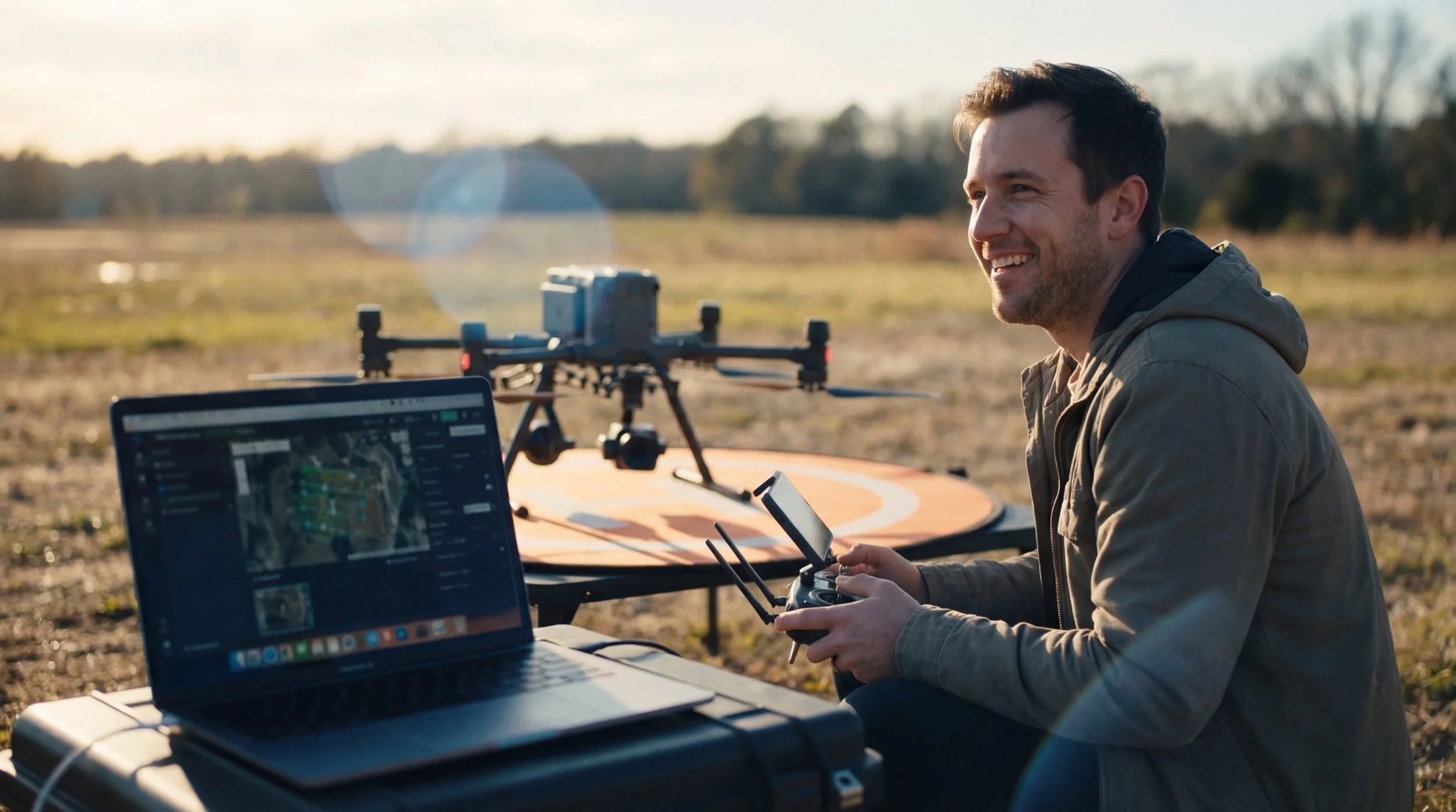 A smiling drone pilot holding a remote controller outdoors in an open field at golden hour, with a large commercial multirotor drone on a landing pad and a laptop displaying mapping software in the foreground