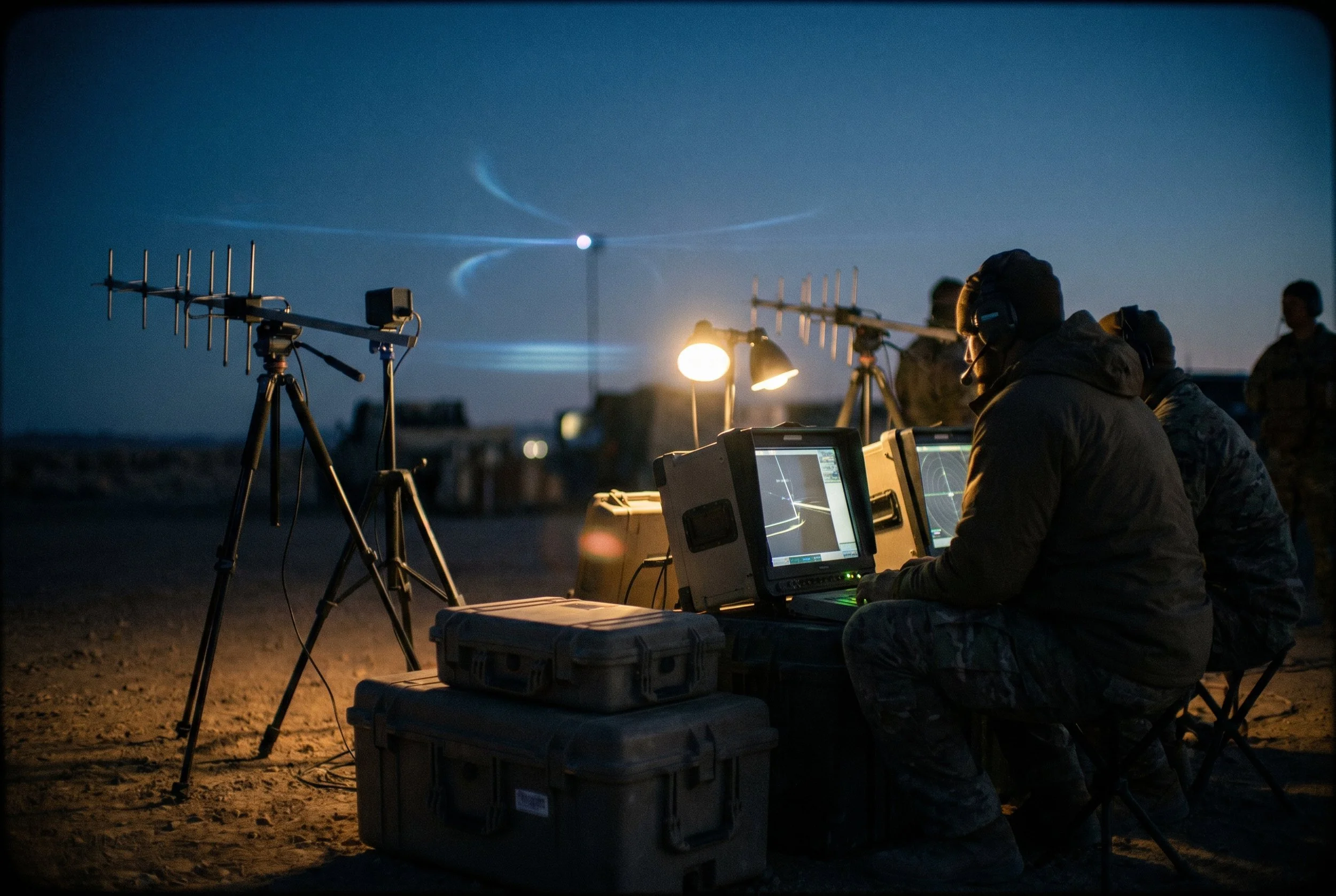 Military operators monitoring radar and signal equipment at a nighttime field station with antennas, rugged cases, and illuminated screens.