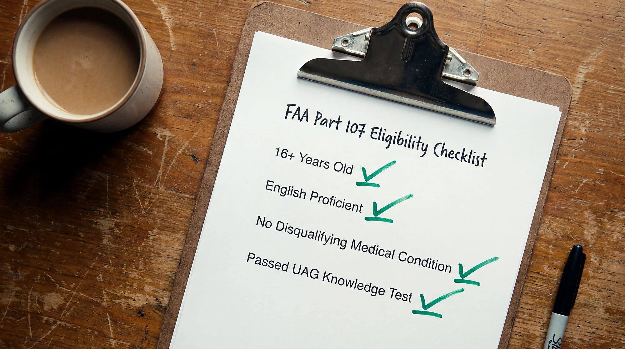 A clipboard showing the FAA Part 107 eligibility checklist including age and knowledge test requirements.