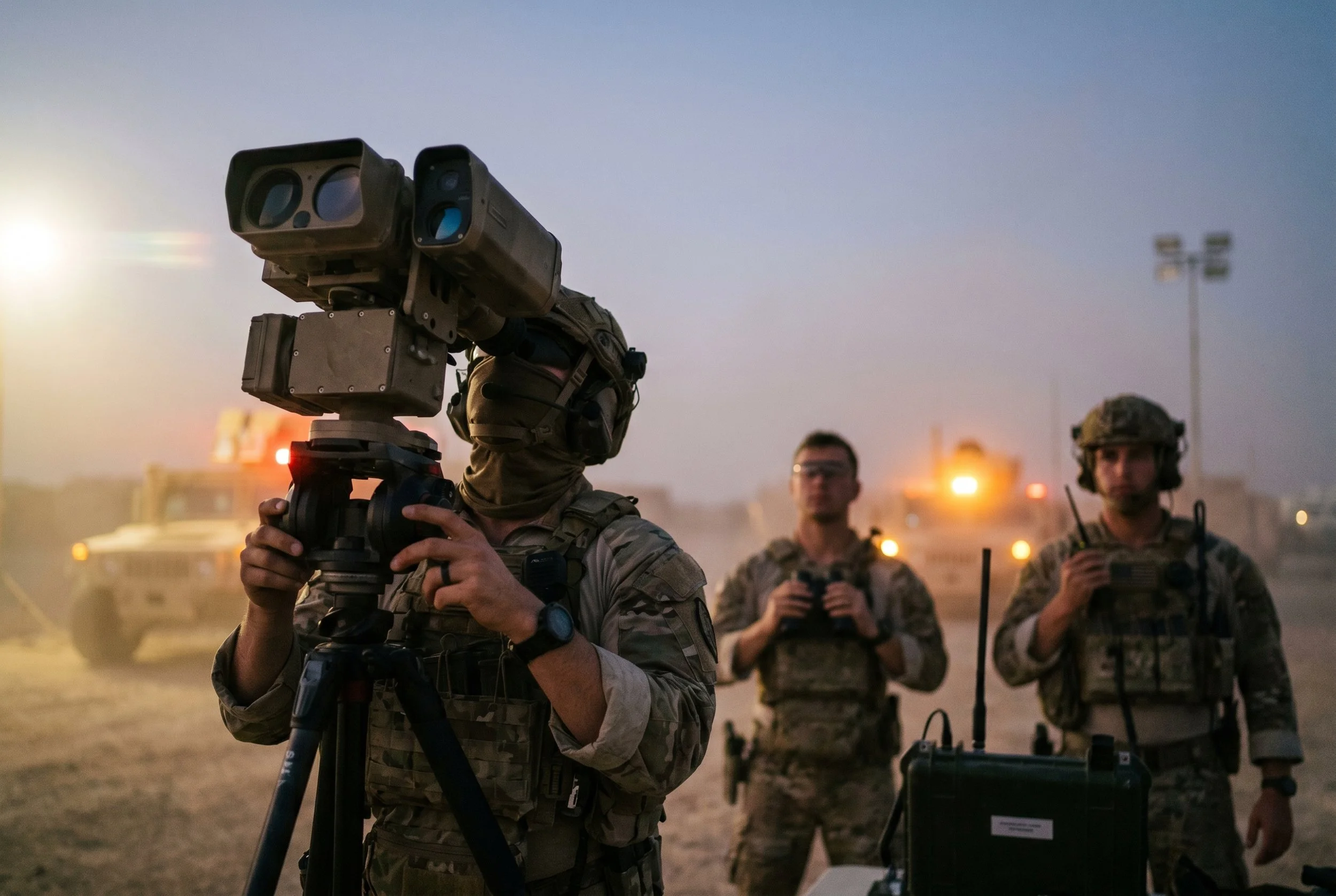 Military personnel operating a large surveillance camera system to track drones in a desert staging area at dusk with vehicles in the background.