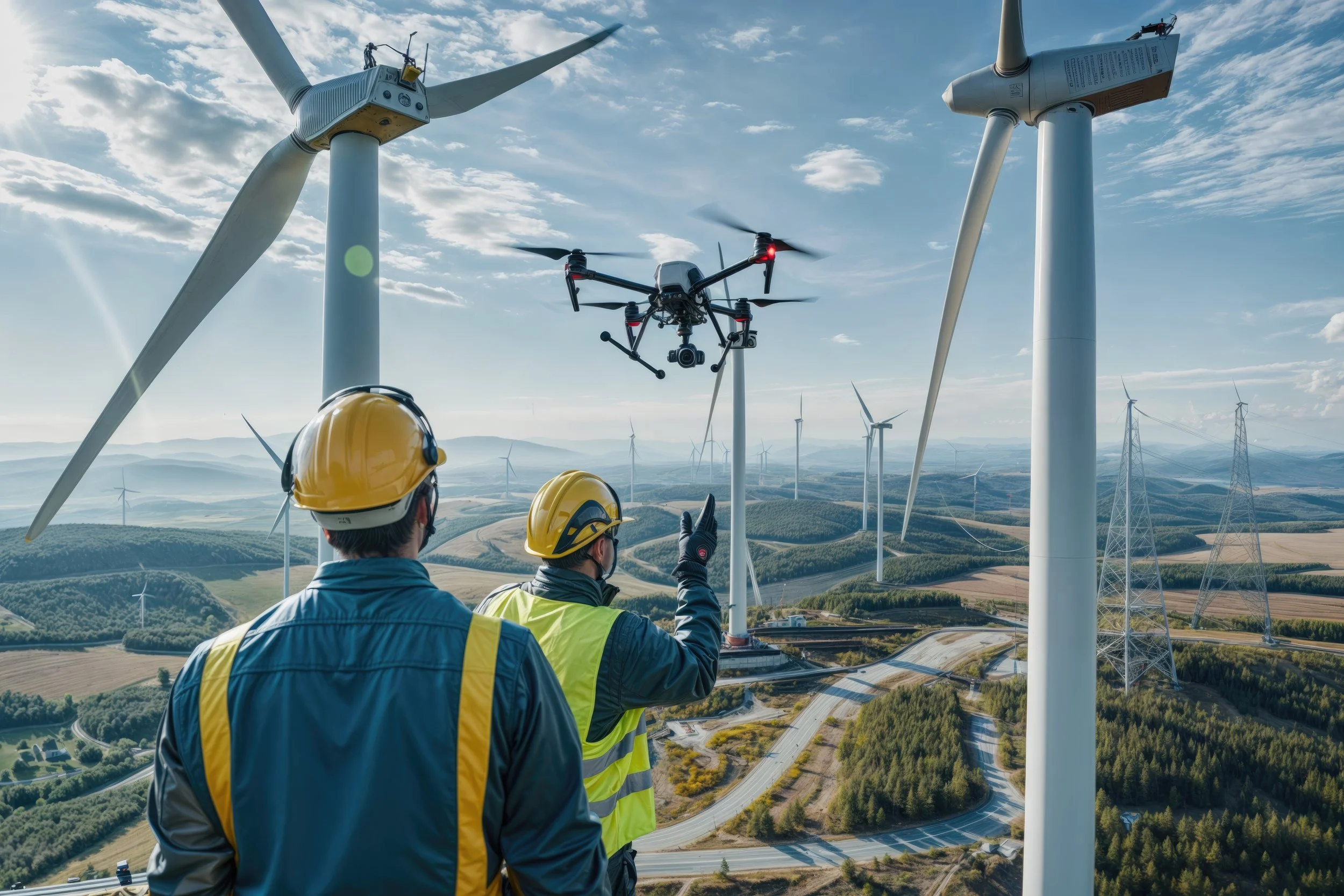 Inspection drone hovering near wind turbines as utility workers in hard hats observe.