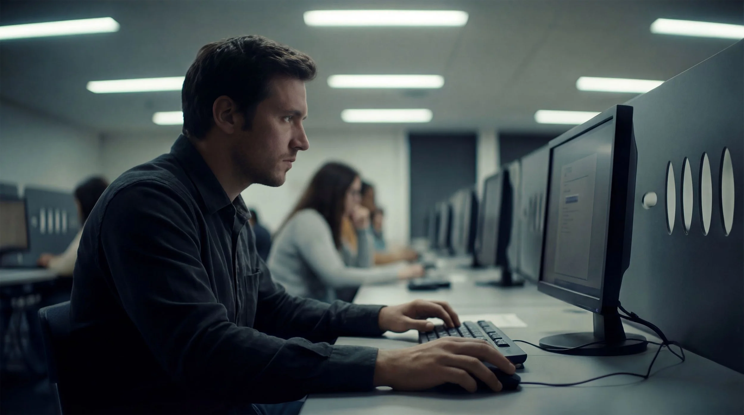 A student taking a computer-based exam at a PSI testing center, seated at a workstation in a row of other test-takers