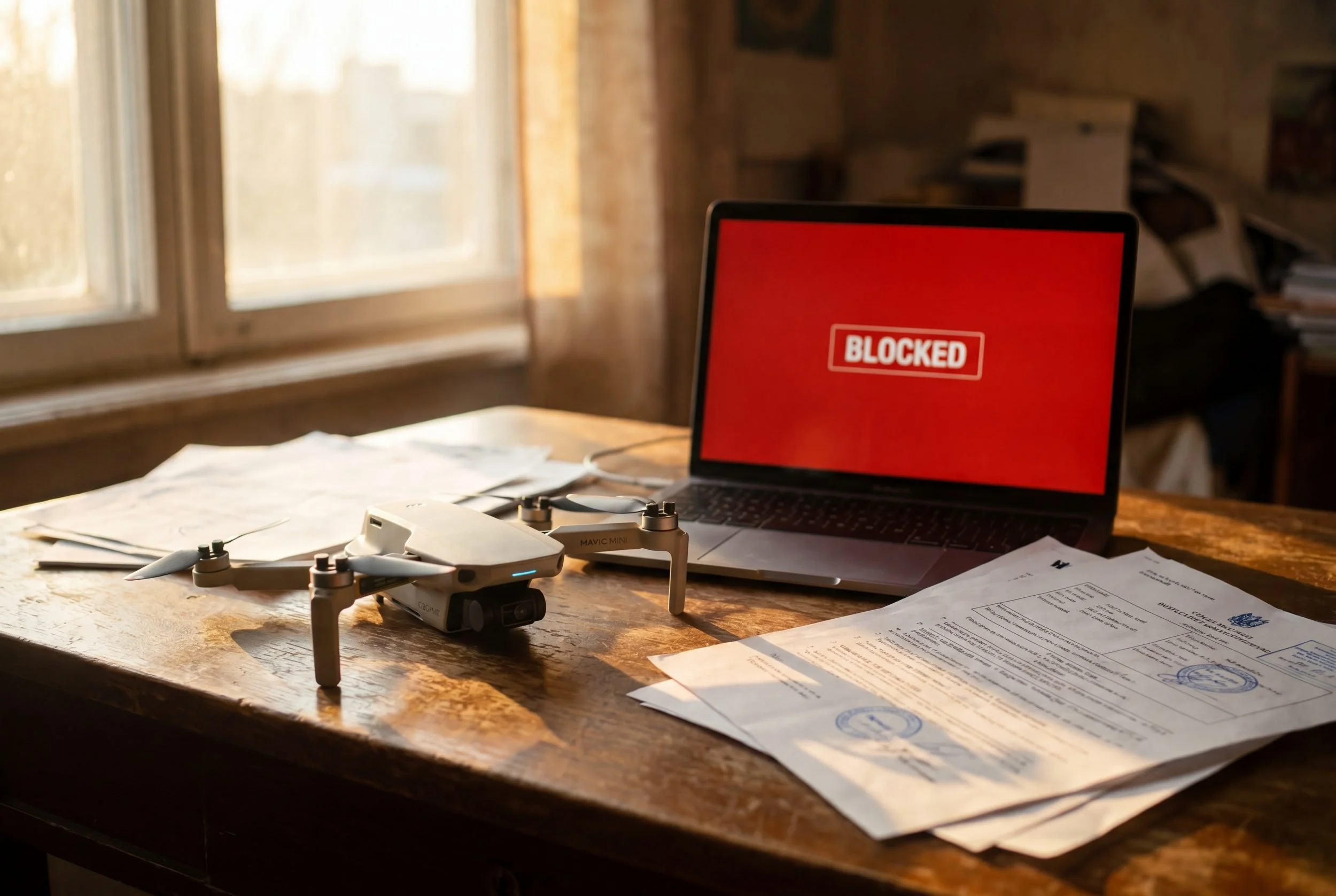 Unbranded enterprise drone on a desk beside a laptop and warning-style compliance screen, representing FCC restrictions on new DJI drone approvals.