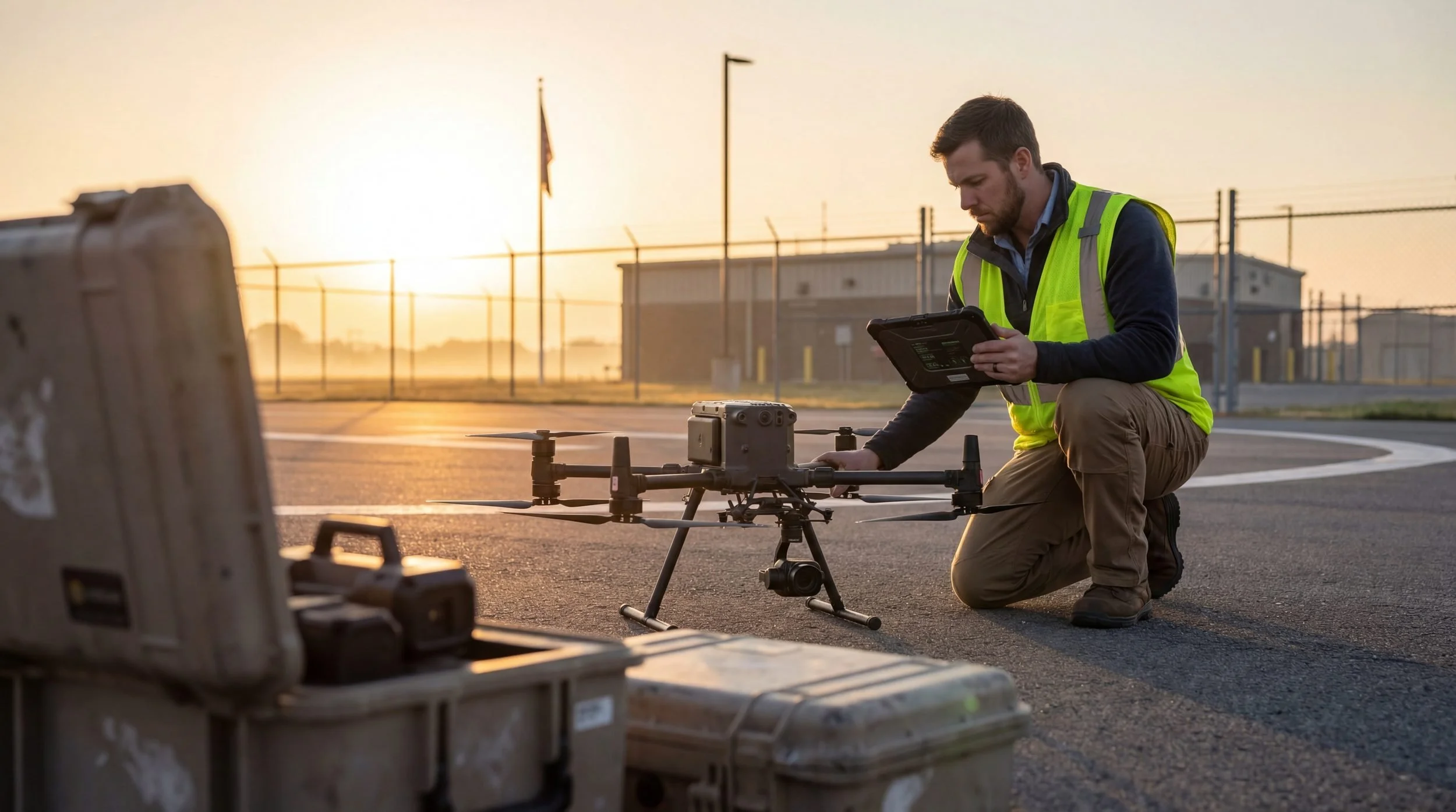 Technician working near an unbranded drone on a tarmac, representing commercial drone operations and changing UAS career opportunities.