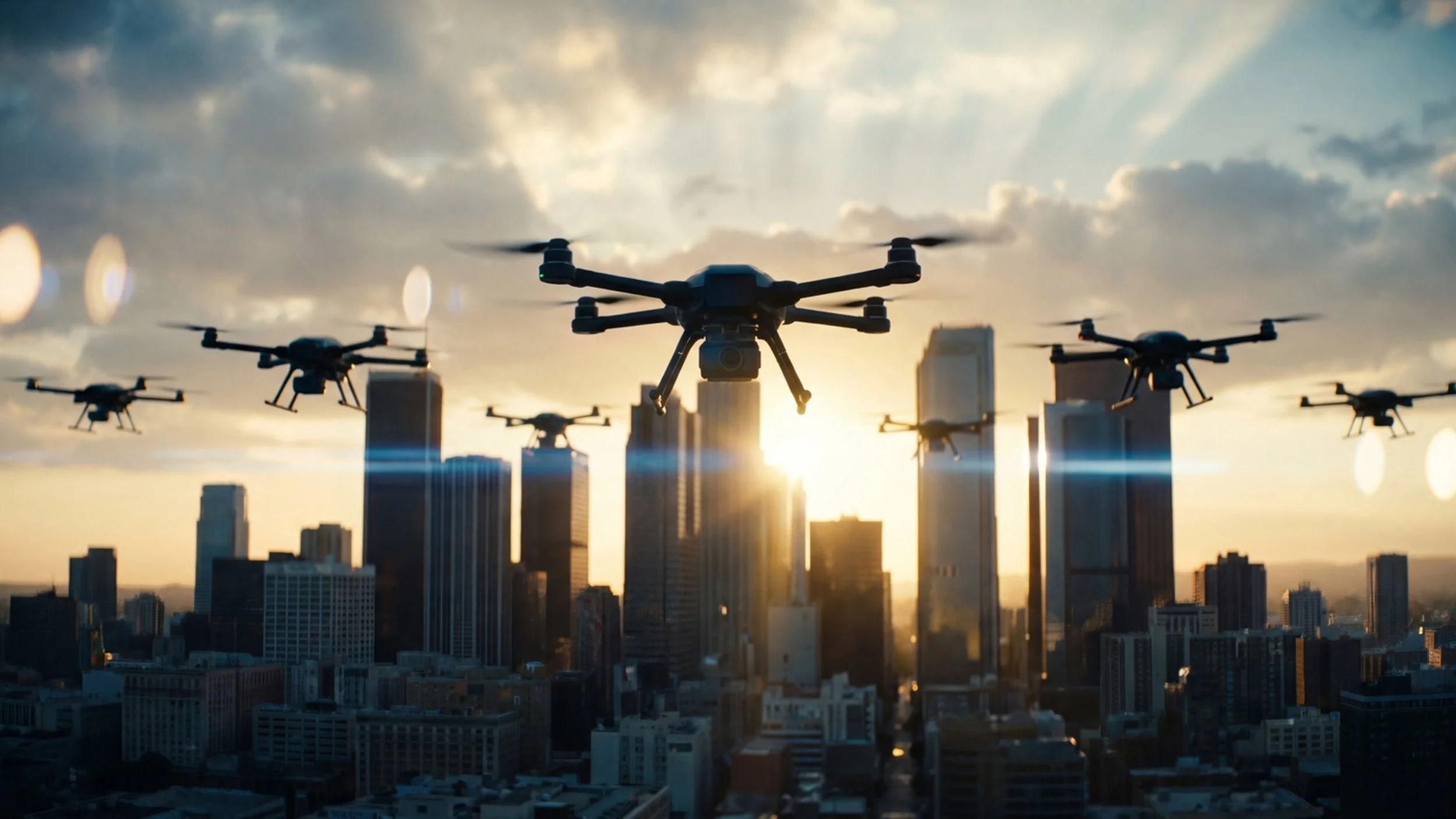 Autonomous drone swarm flying over a modern city skyline, representing the future of urban air mobility and delivery networks