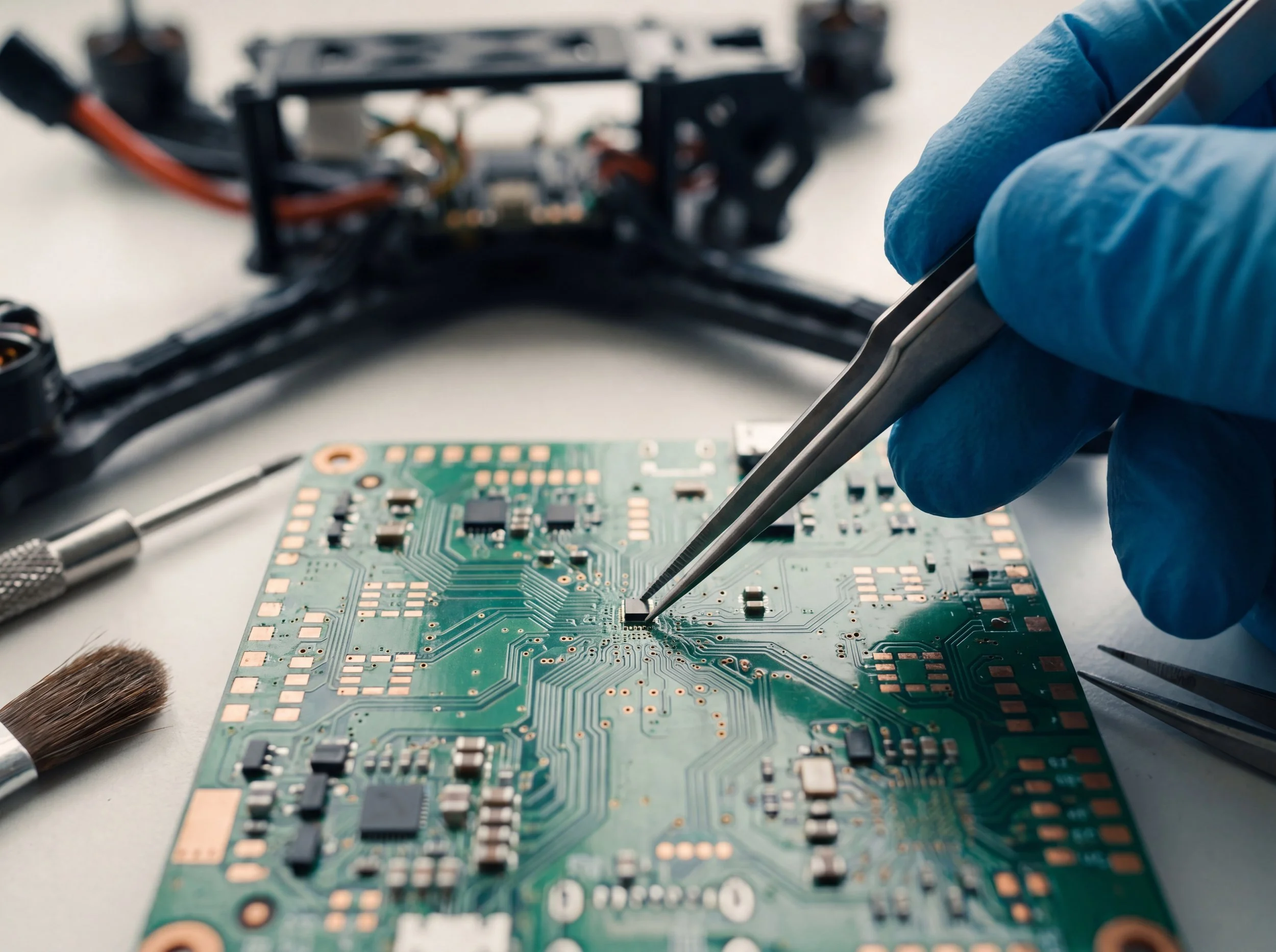 A technician wearing blue nitrile gloves uses precision tweezers to place a component on a green circuit board, with a drone frame visible in the blurred background — representing domestic drone component manufacturing.