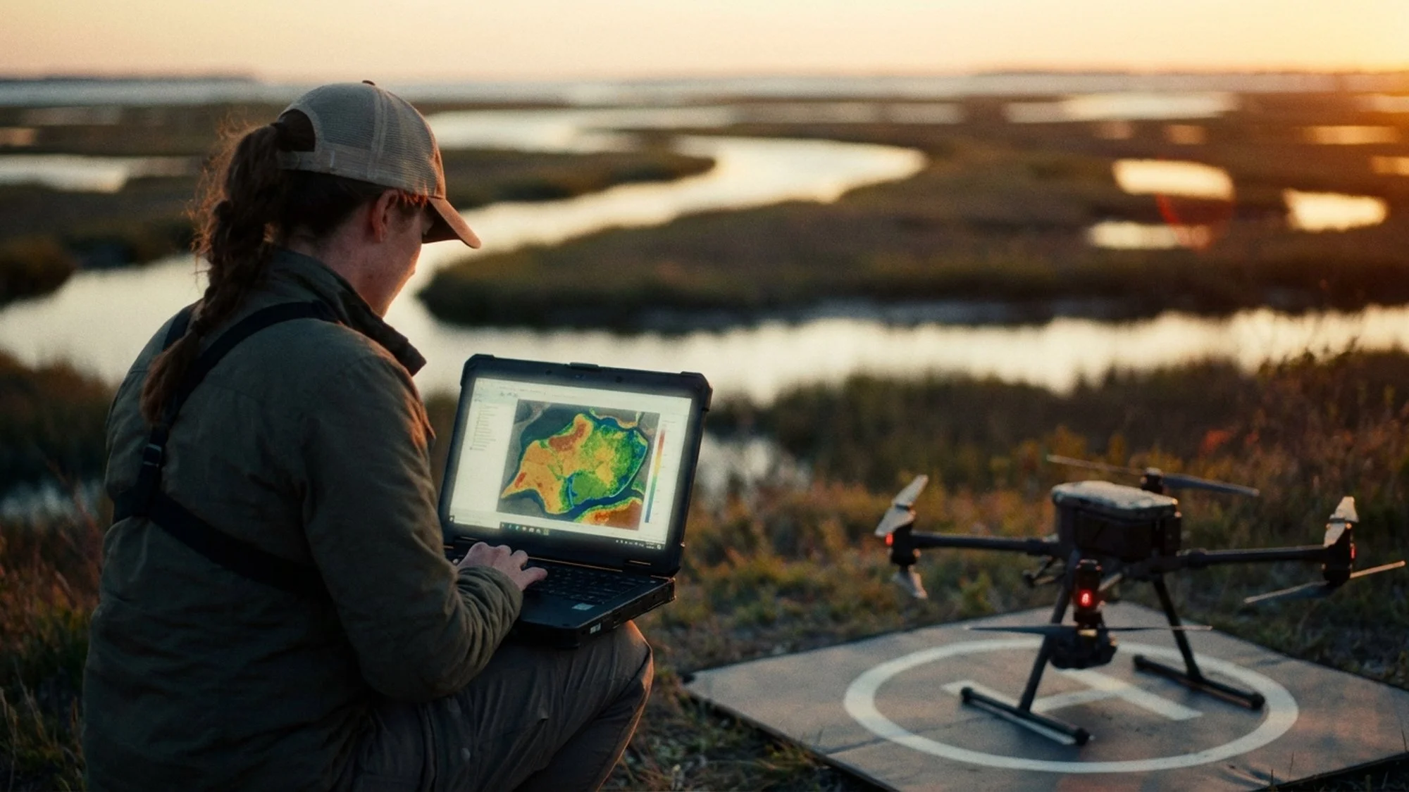 Environmental monitoring specialist reviews a habitat map on a laptop beside a drone at a coastal wetlands survey site.