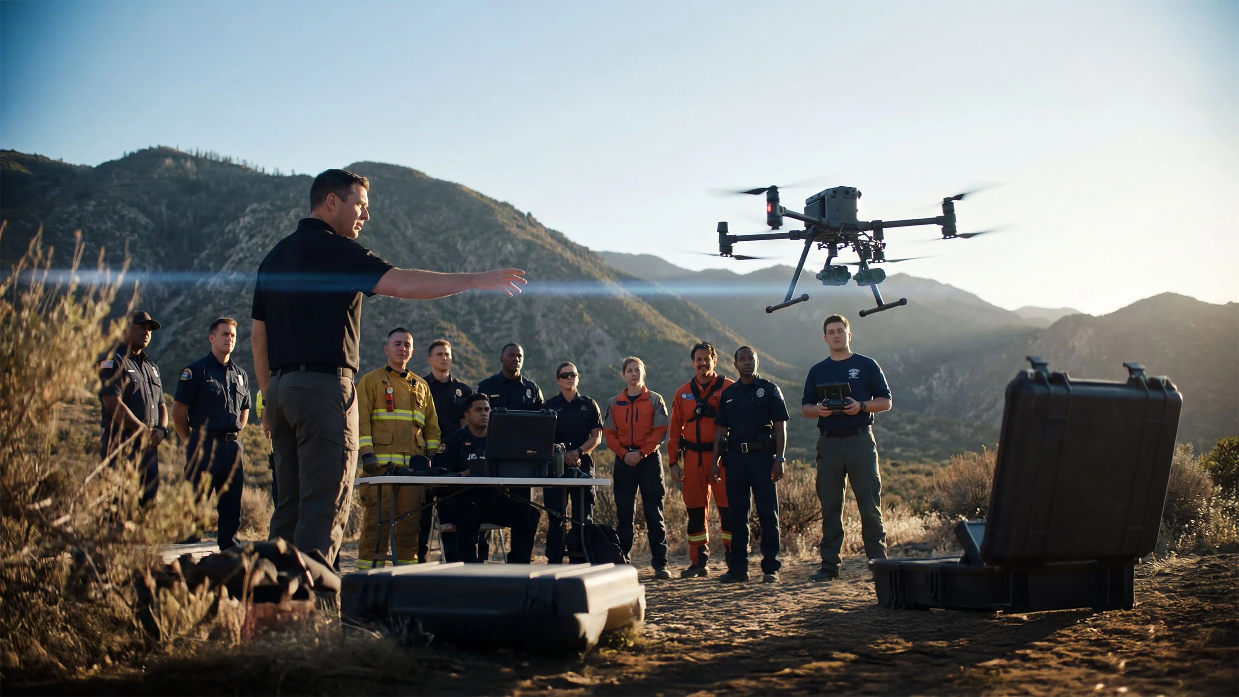 Drone instructor leading a hands-on field training session with a team of operators and an enterprise drone on a landing pad
