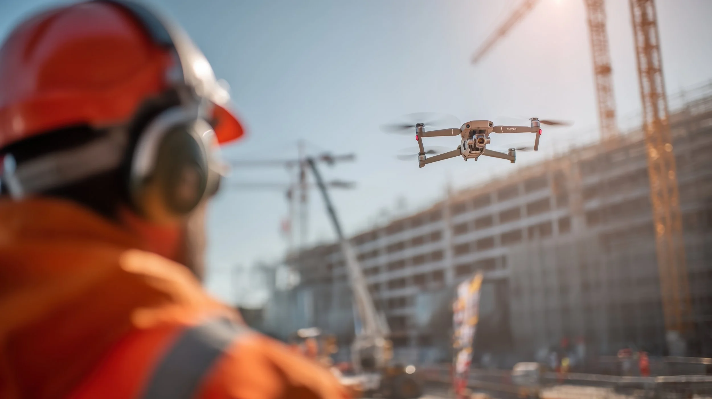 Drone flying at a construction site with a building under construction in the background.