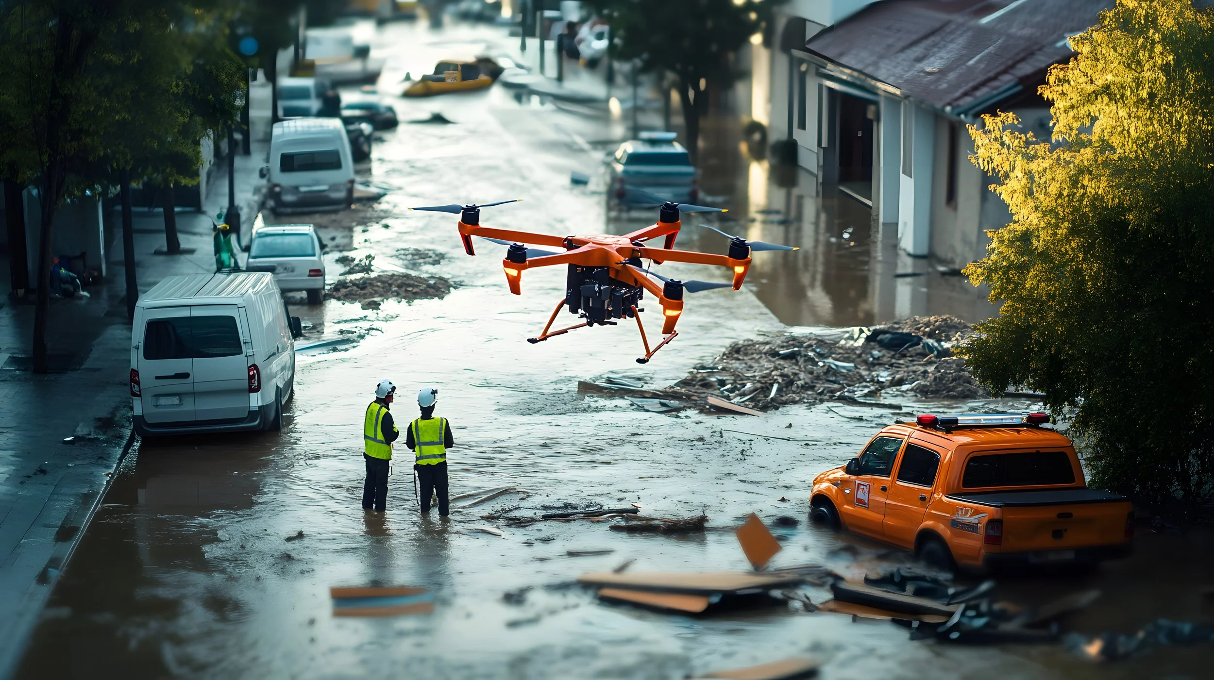 Orange drone surveying a flooded street while two inspectors stand in the water below.