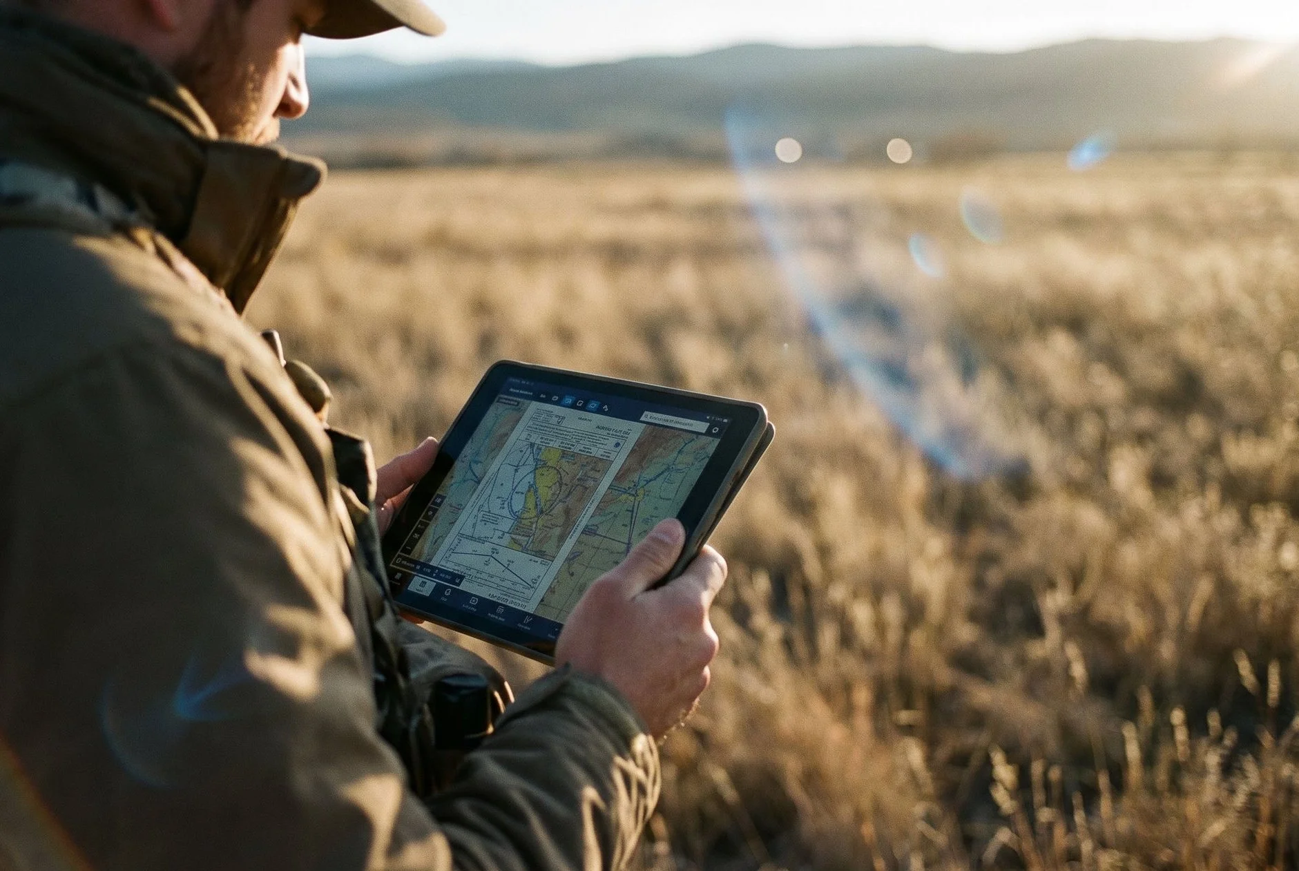 Commercial drone operator reviewing airspace map on tablet in the field