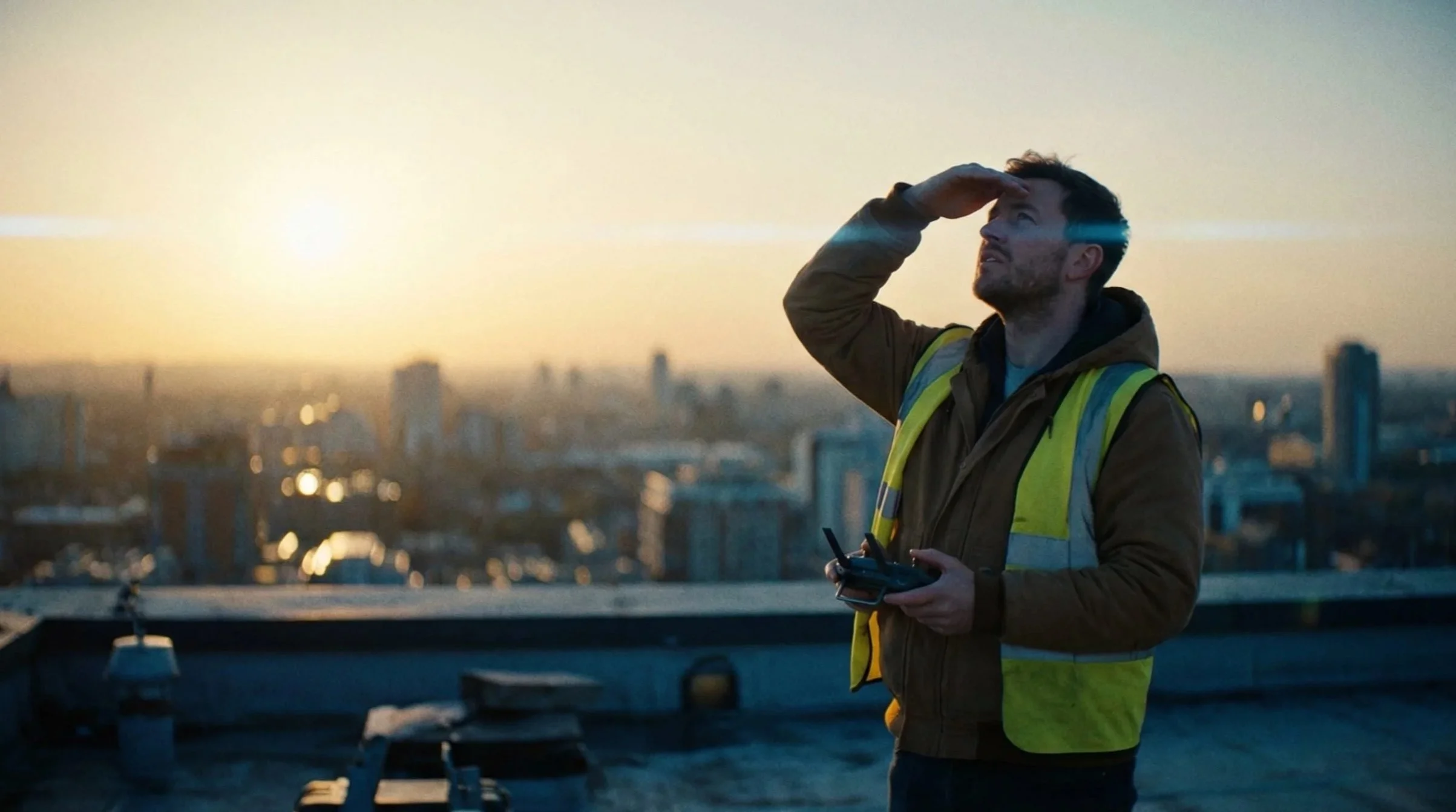 Drone pilot in a high-visibility vest holding a controller on a rooftop at sunrise with a city skyline behind him