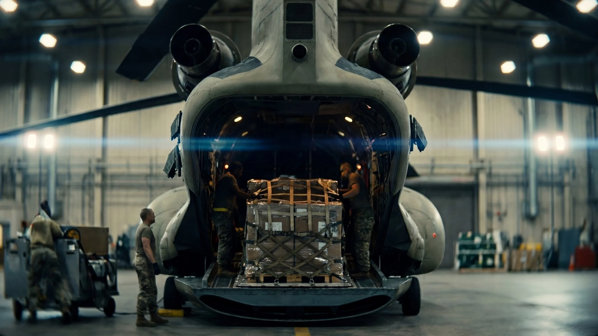 Cargo helicopter being loaded with palletized supplies inside a hangar, representing autonomous logistics and military resupply operations