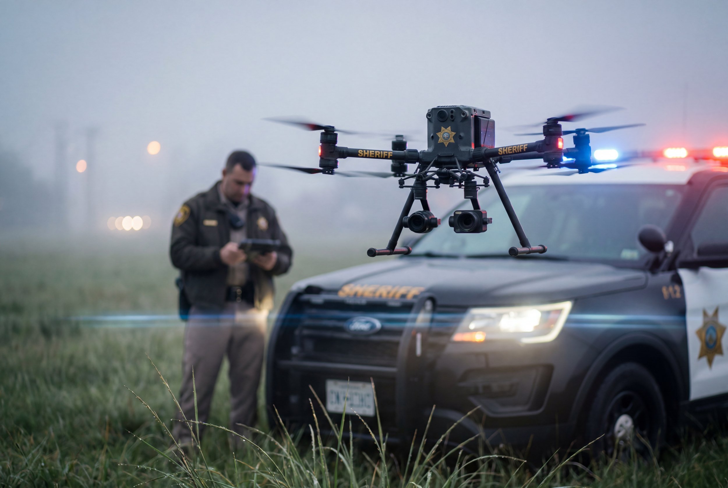 Sheriff's deputy launching a DFR drone from a patrol SUV