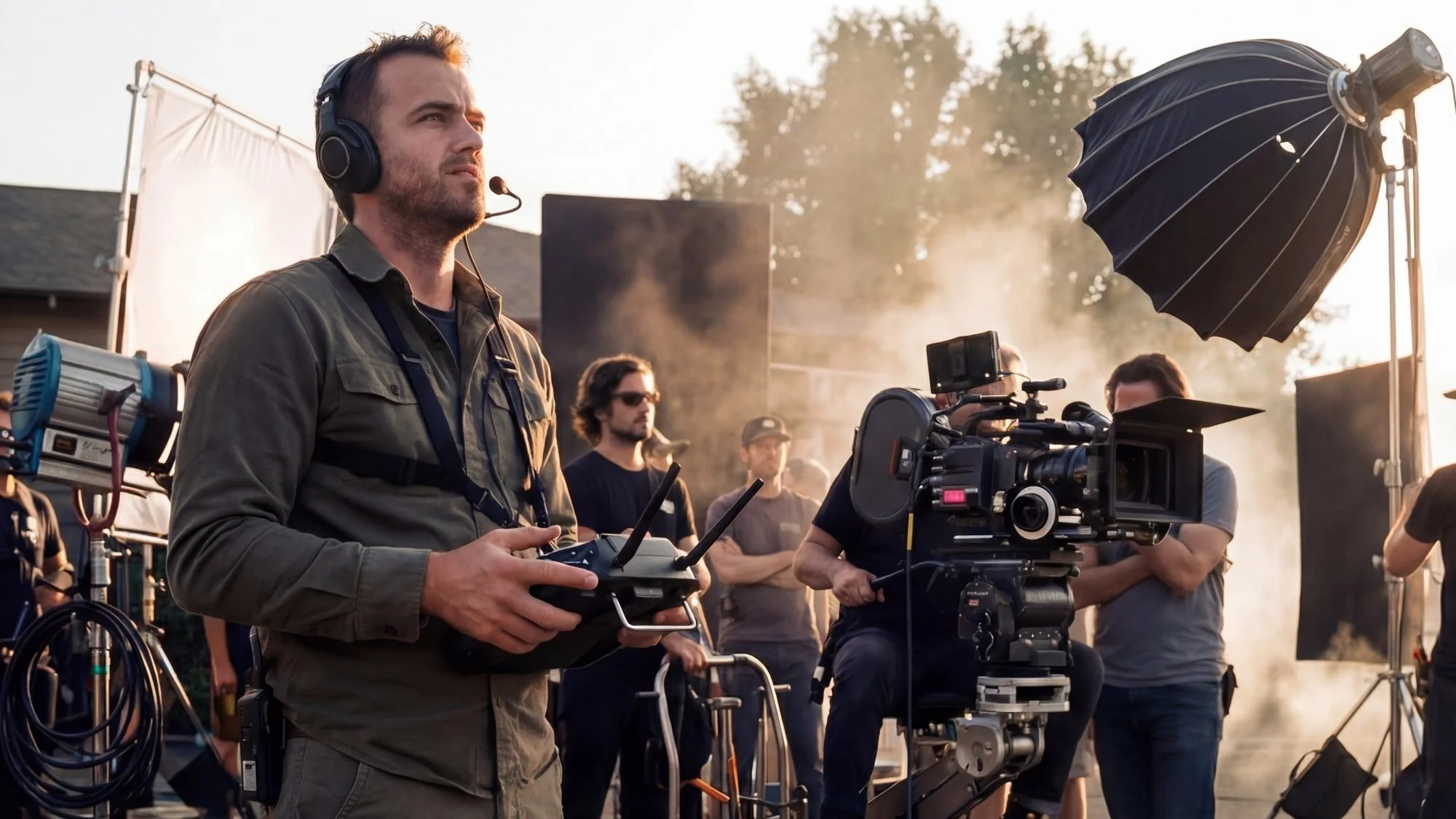 Drone pilot on a film set operates a controller near a large cinema camera and lighting.