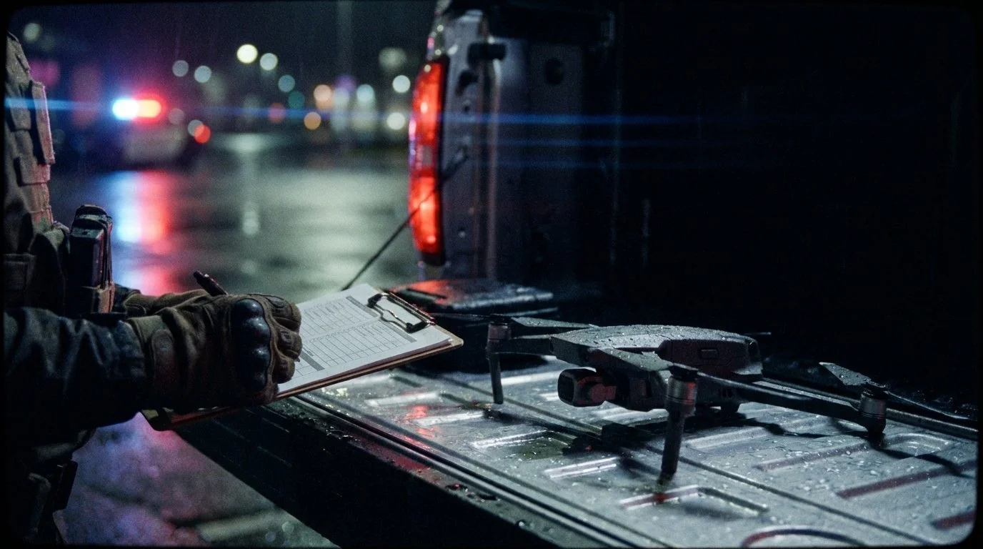 Hands review a deployment checklist next to a drone on a vehicle tailgate in wet conditions, representing documentation and SOP compliance.