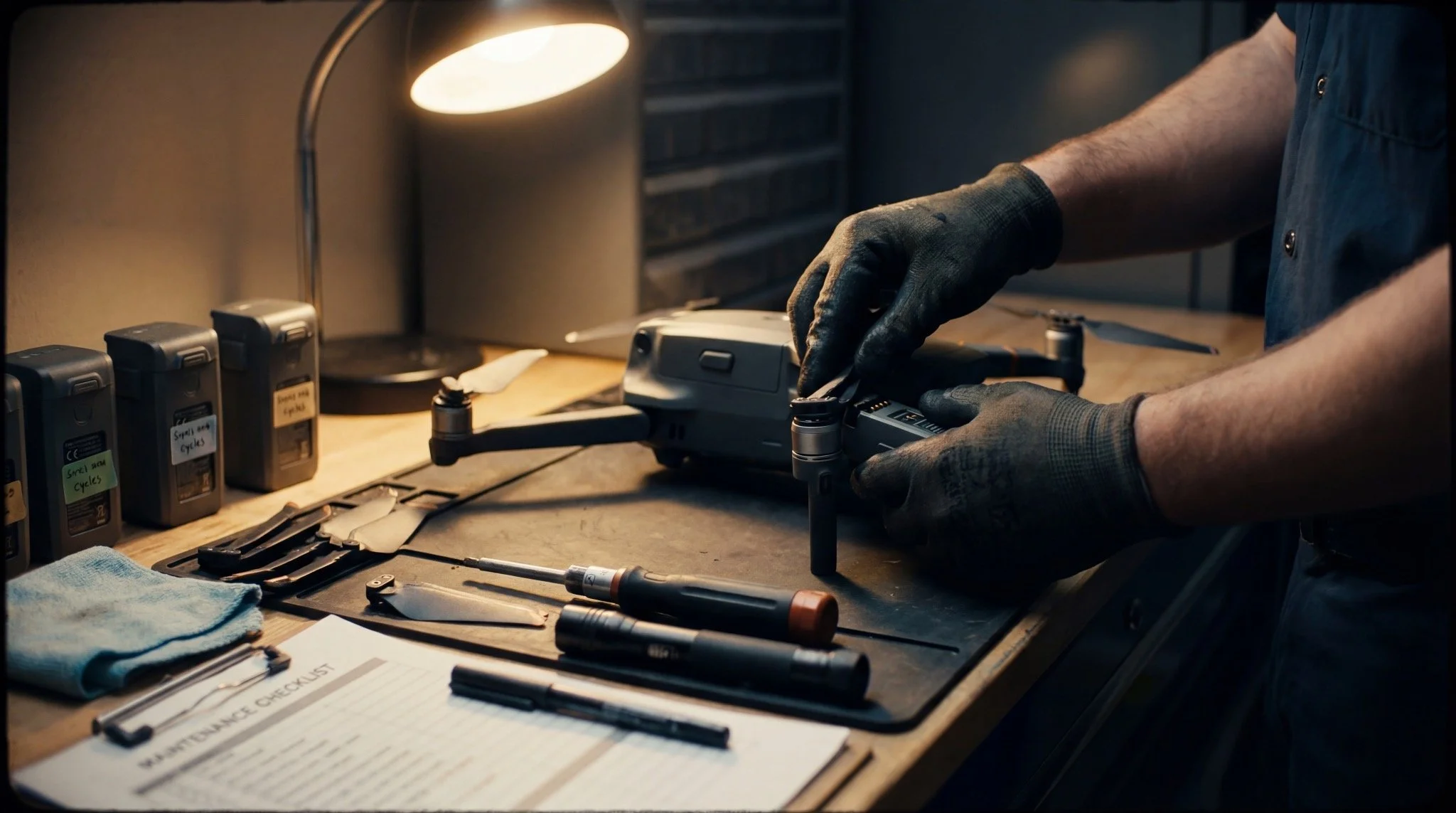 Technician performs a public safety drone maintenance inspection with tools, checklist, and tracked batteries on a workbench to support airworthiness and reliability.