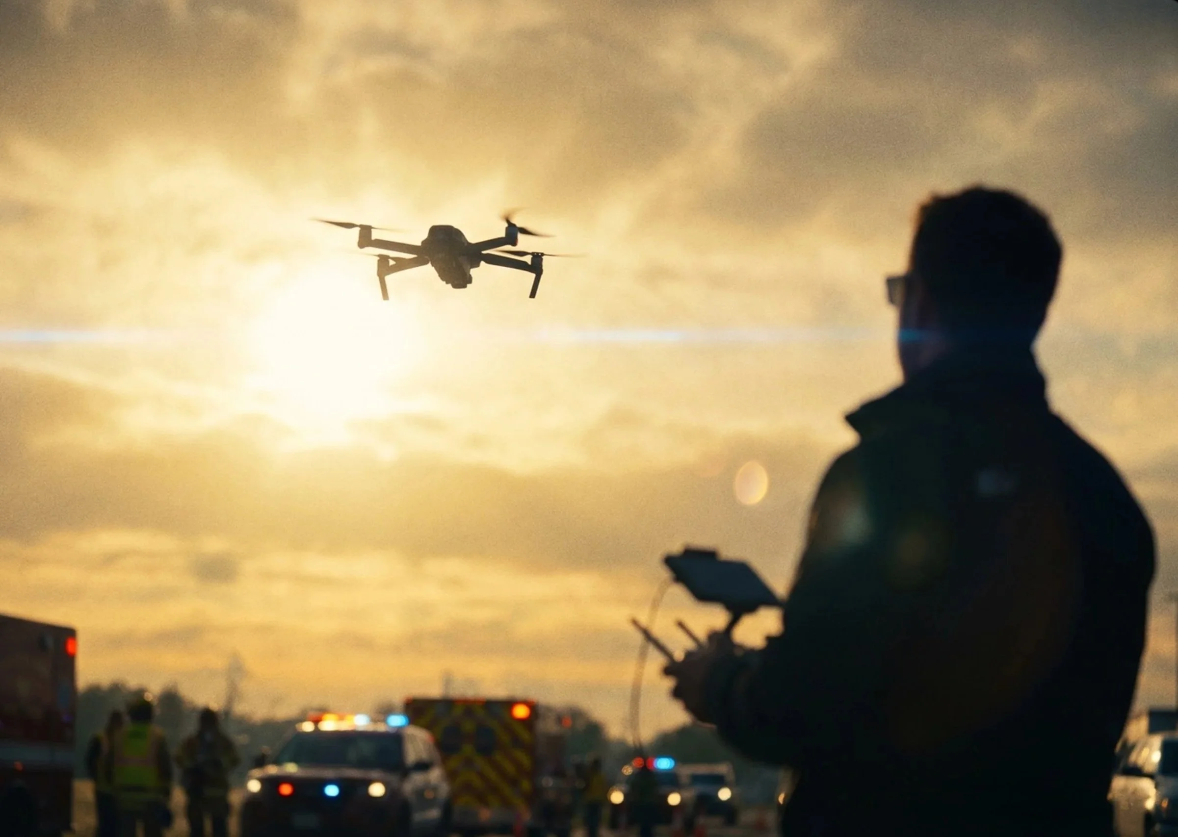 Drone operator with controller watching aircraft ascend at an emergency scene, emergency vehicles blurred in background