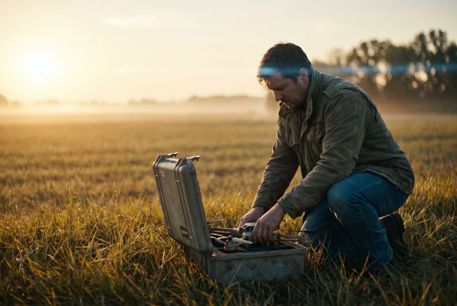 Commercial drone operator preparing for a flight in an open field