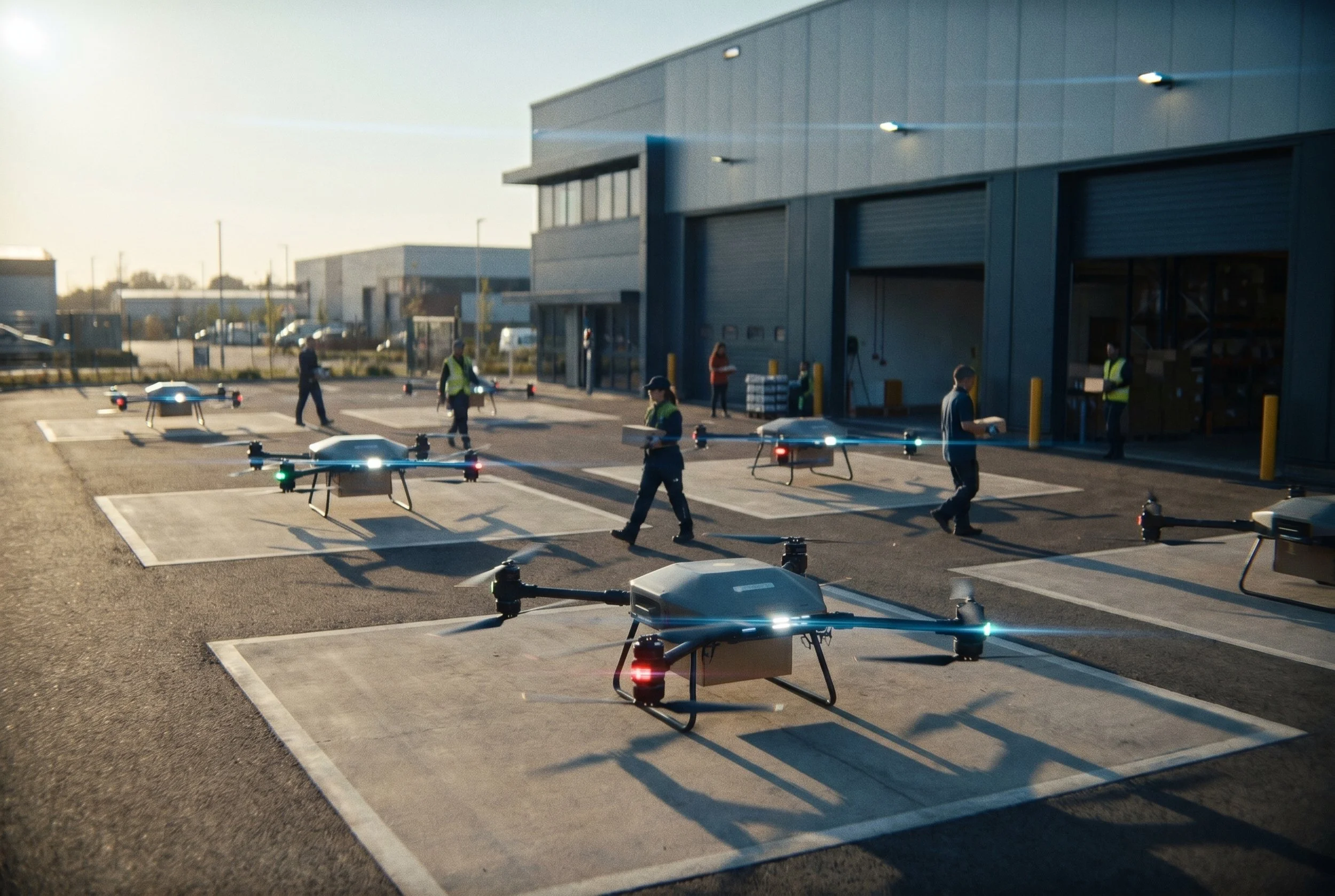 Multiple delivery drones lined up on launch pads outside an industrial warehouse while workers move packages between stations.