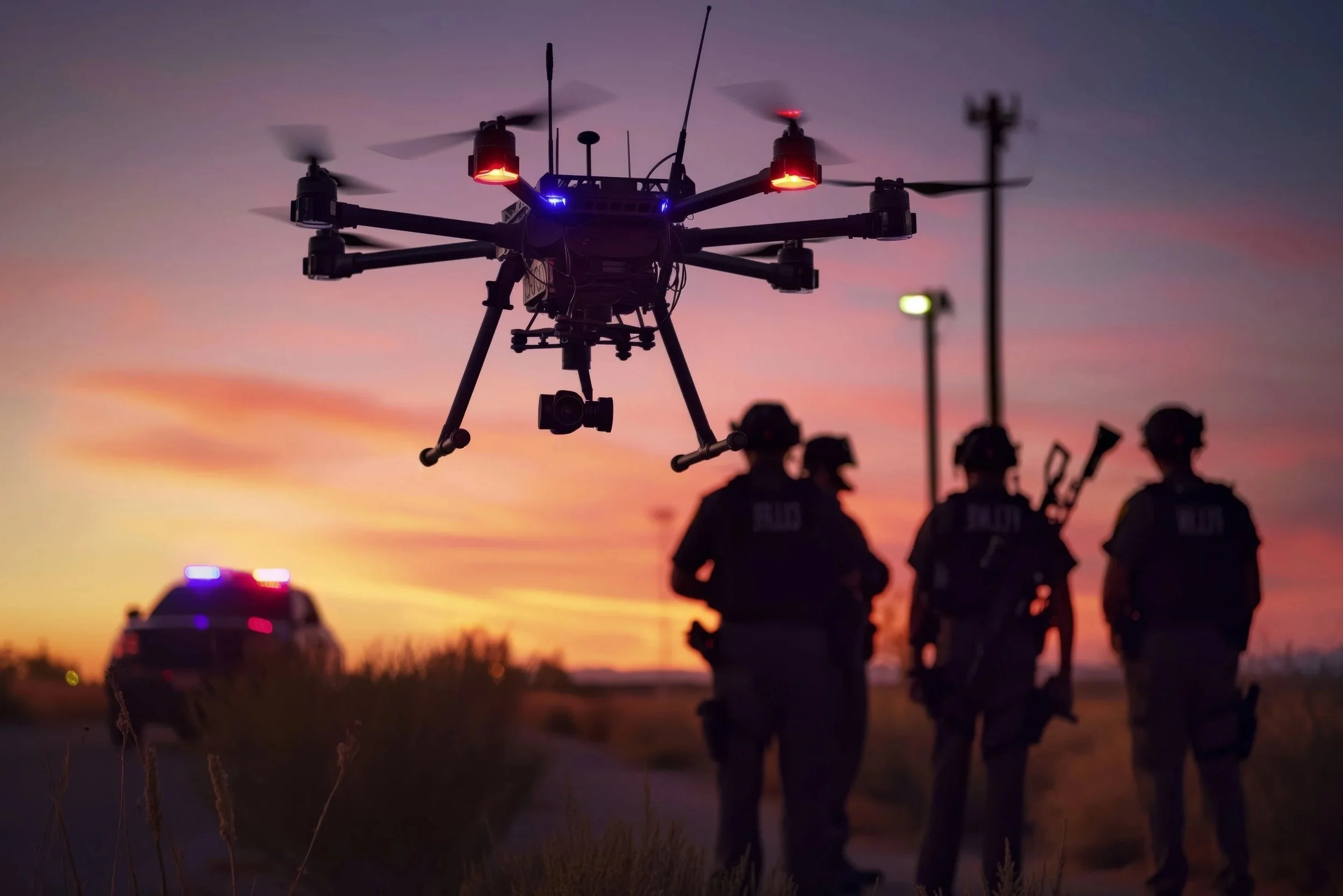Large industrial drone at dusk with operators in the background, representing program optimization and compliance.