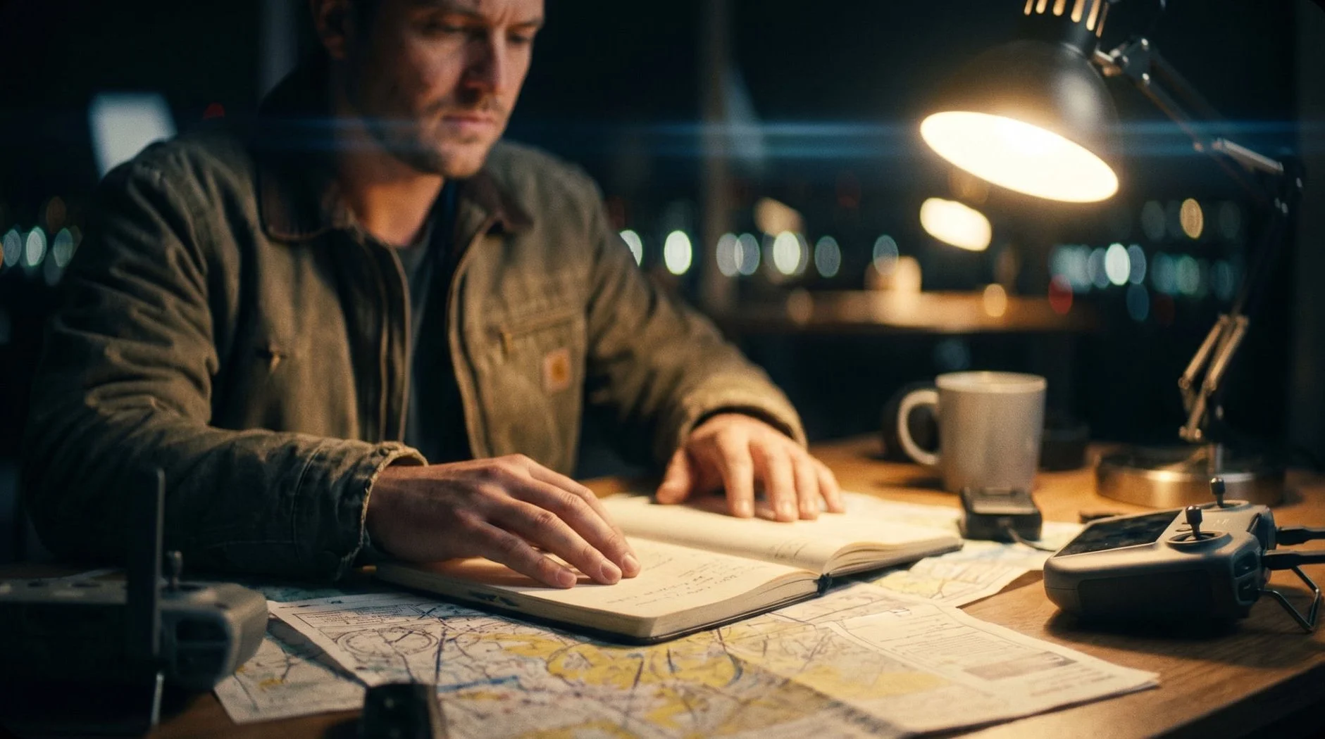 Drone operator reviewing study materials at a desk before the FAA Part 107 exam
