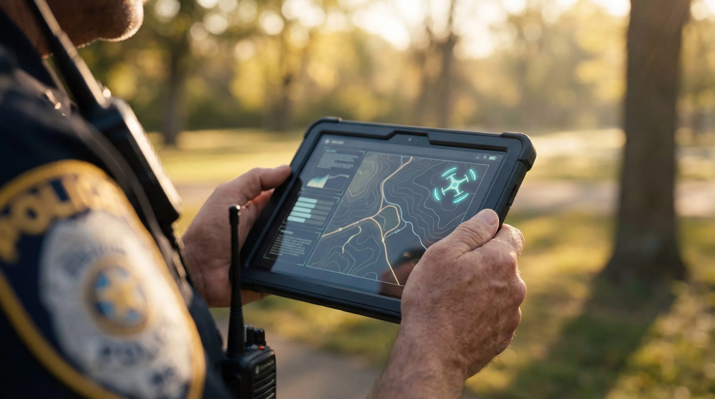Close-up of an officer using a tablet to monitor drone activity, representing FAA drone enforcement and DETER compliance actions.