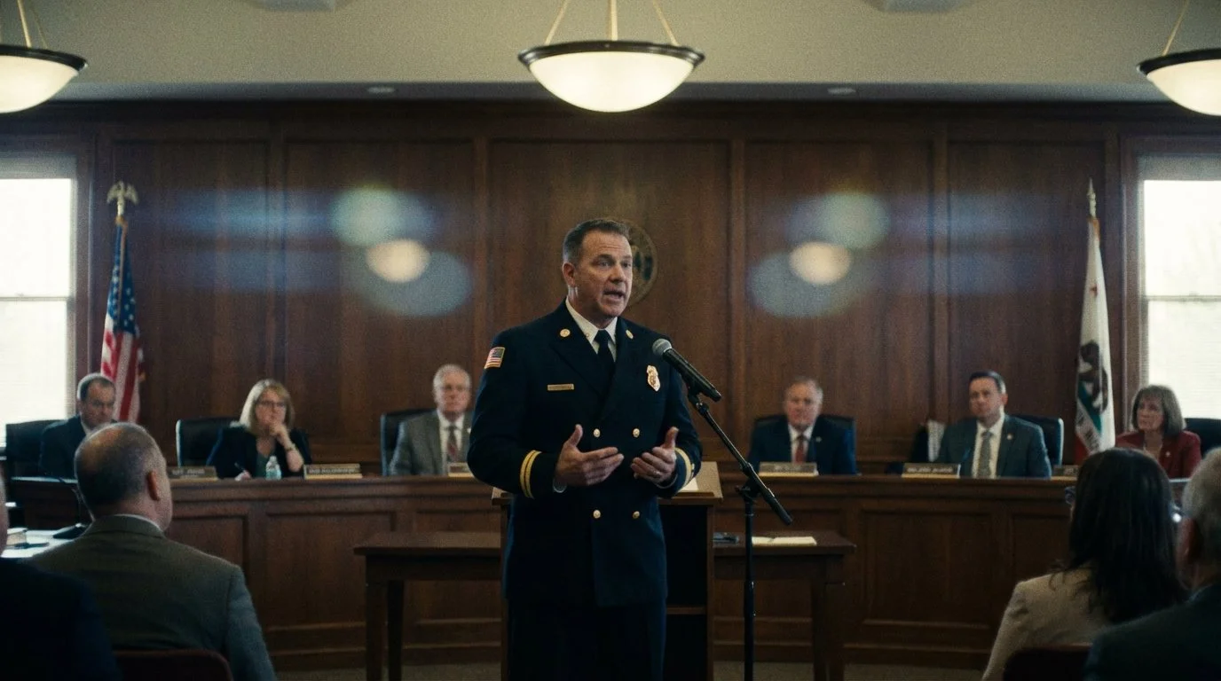 A fire department chief speaks in front of a county board meeting.