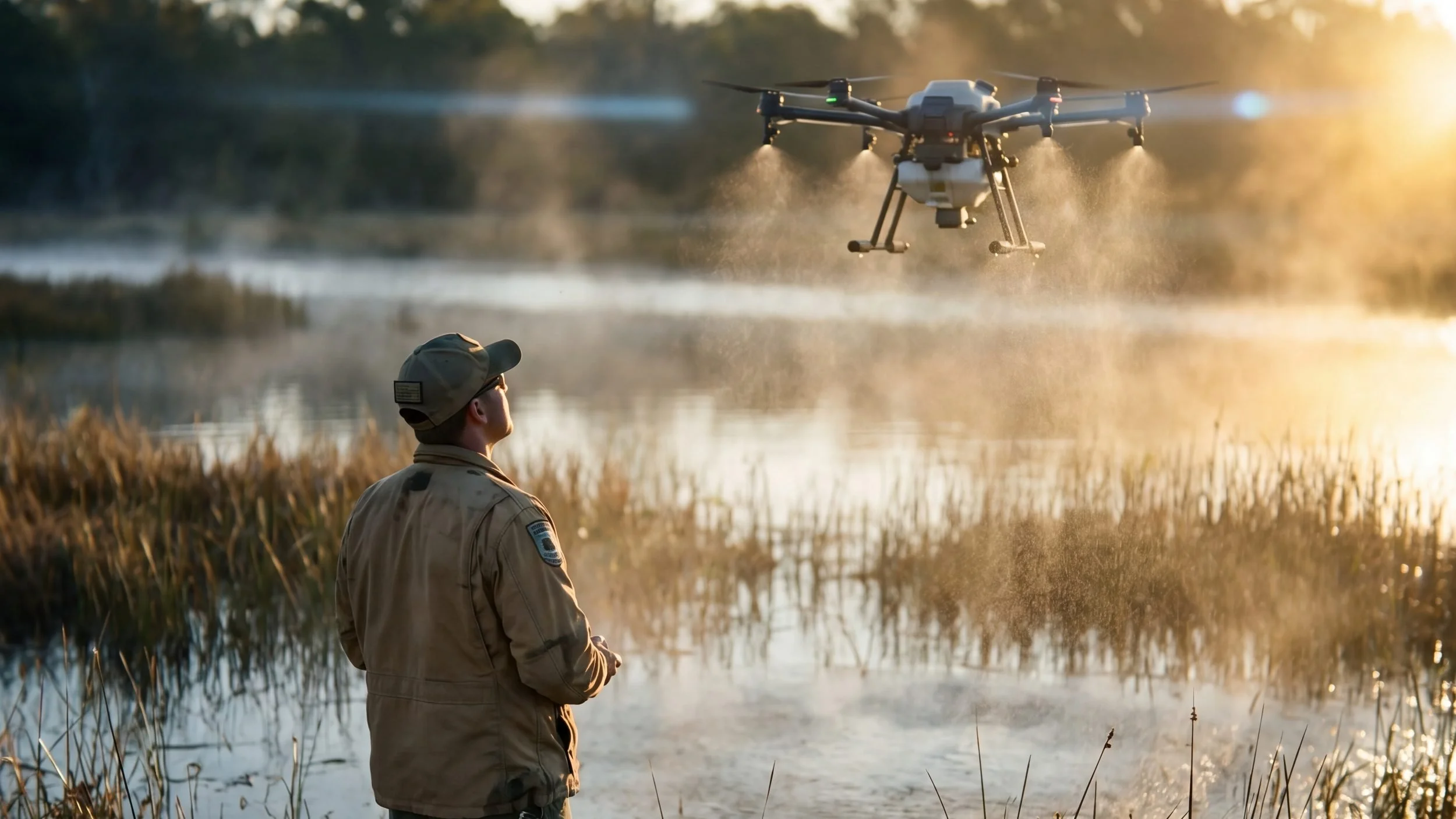 Uniformed drone operator standing at the edge of a misty wetland watching a spray drone fly low over marsh reeds at sunrise — municipal mosquito control aerial application
