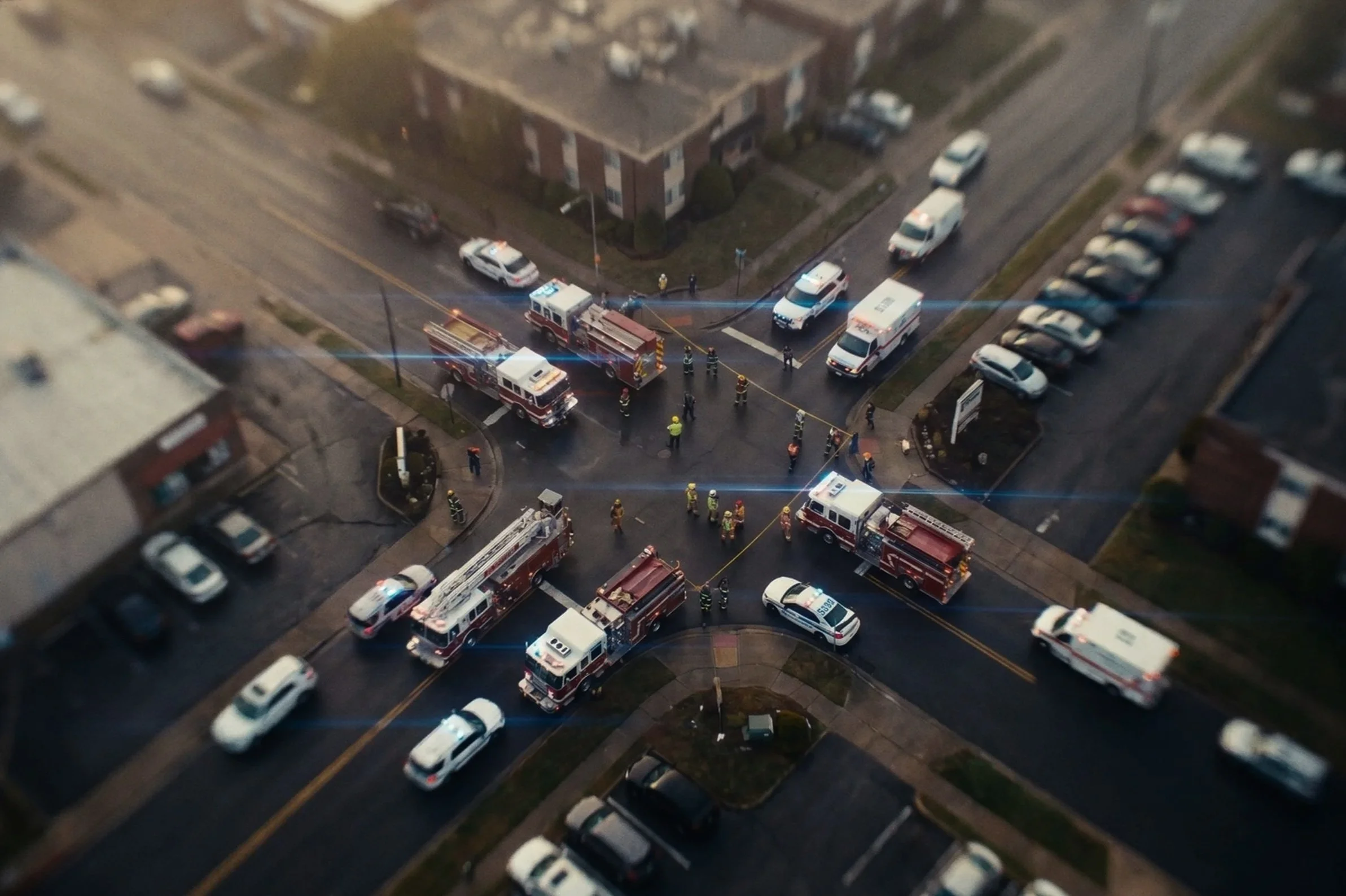 Aerial view of an emergency scene at an intersection with fire and police.