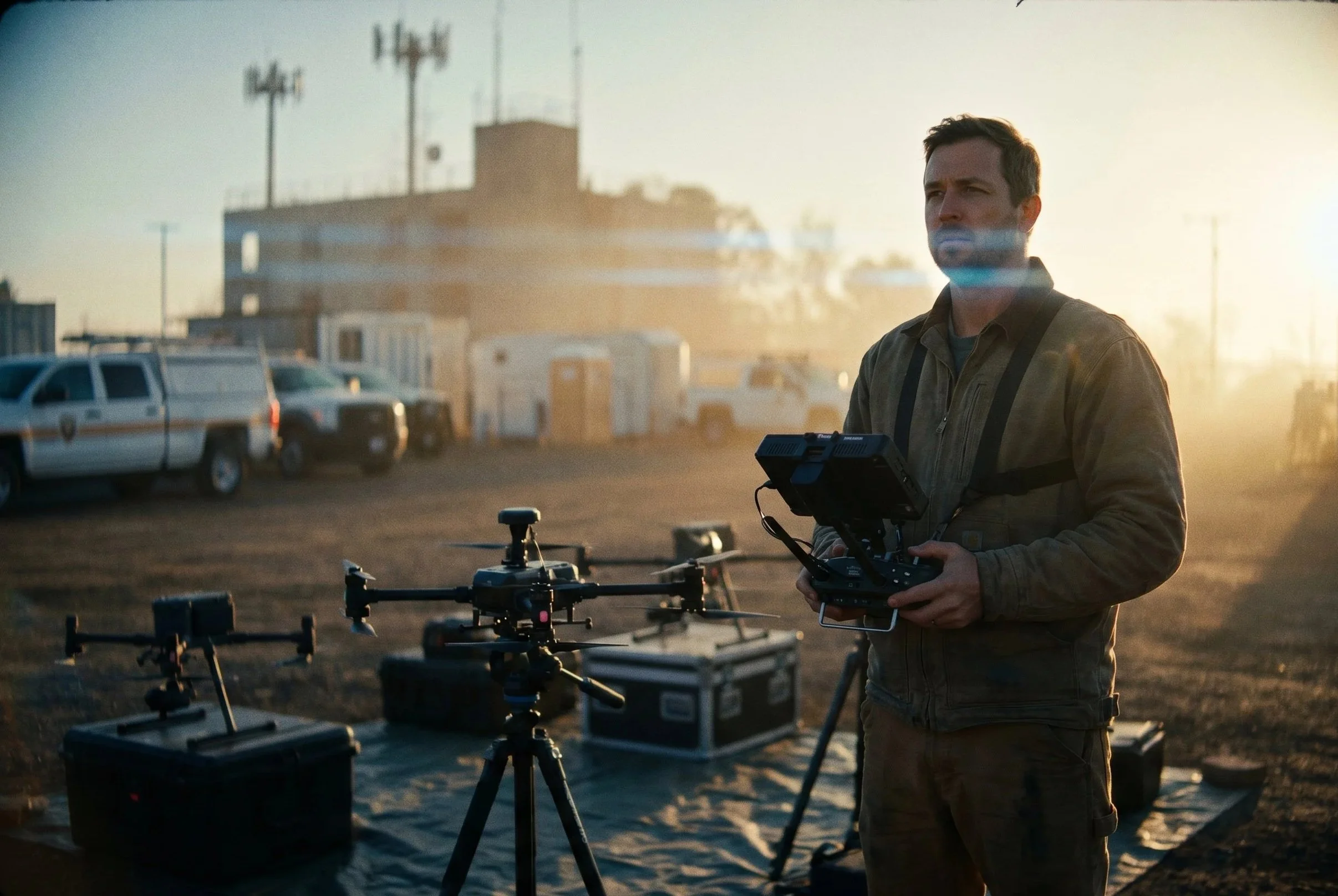AS operator holding a drone controller at a field operations site at golden hour, with a professional multi-rotor drone deployed in the foreground.