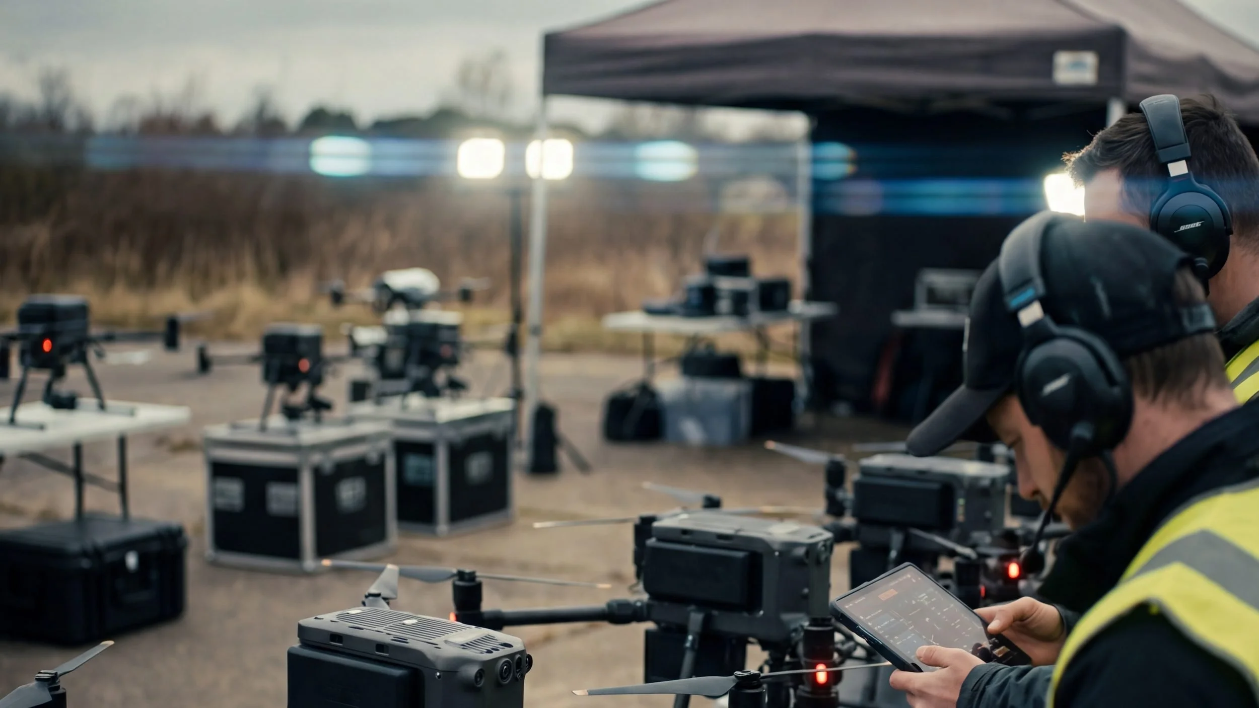 Drone fleet operator in safety vest using a tablet controller to manage multiple commercial drones staged at an outdoor operations site under a canopy — Part 108 compliance and fleet operations