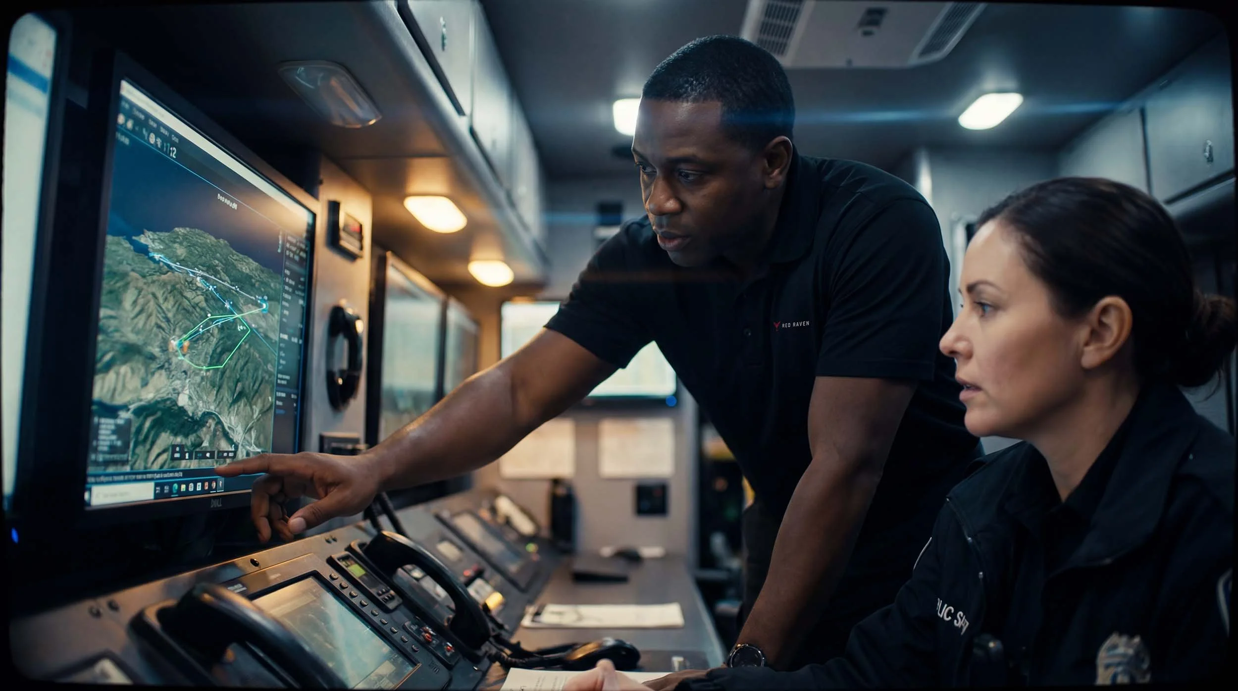 Drone program operator reviewing flight data and inspection imagery at a mobile ground control station