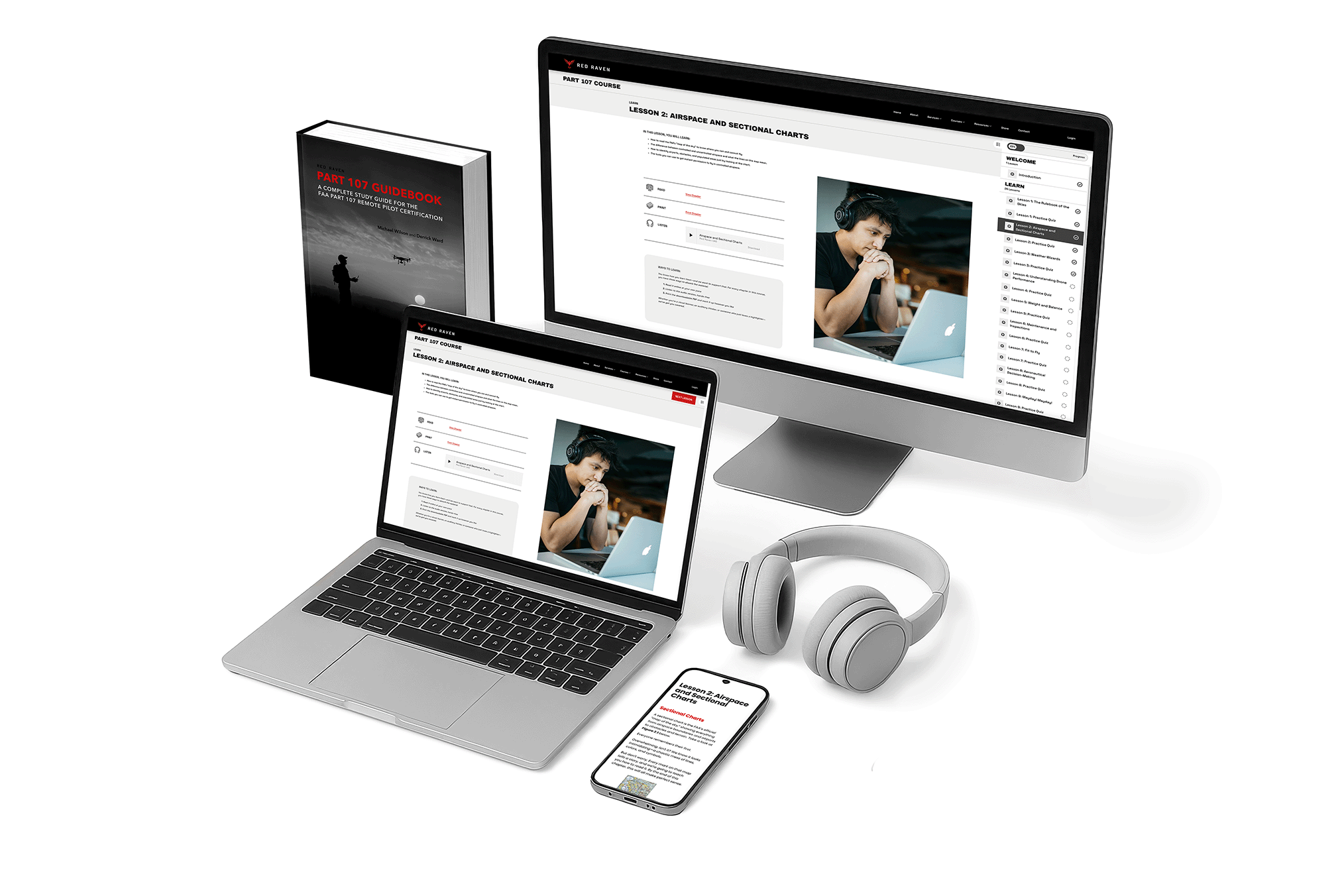 ed Raven Part 107 online course shown on desktop, laptop, and phone with headphones and guidebook.