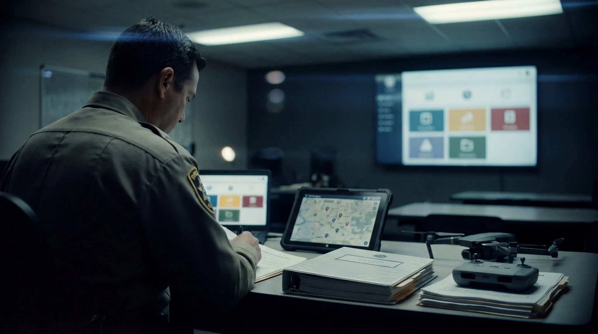 A public safety program lead reviews drone compliance and procurement paperwork at a desk with a tablet map, controller, and policy binder.