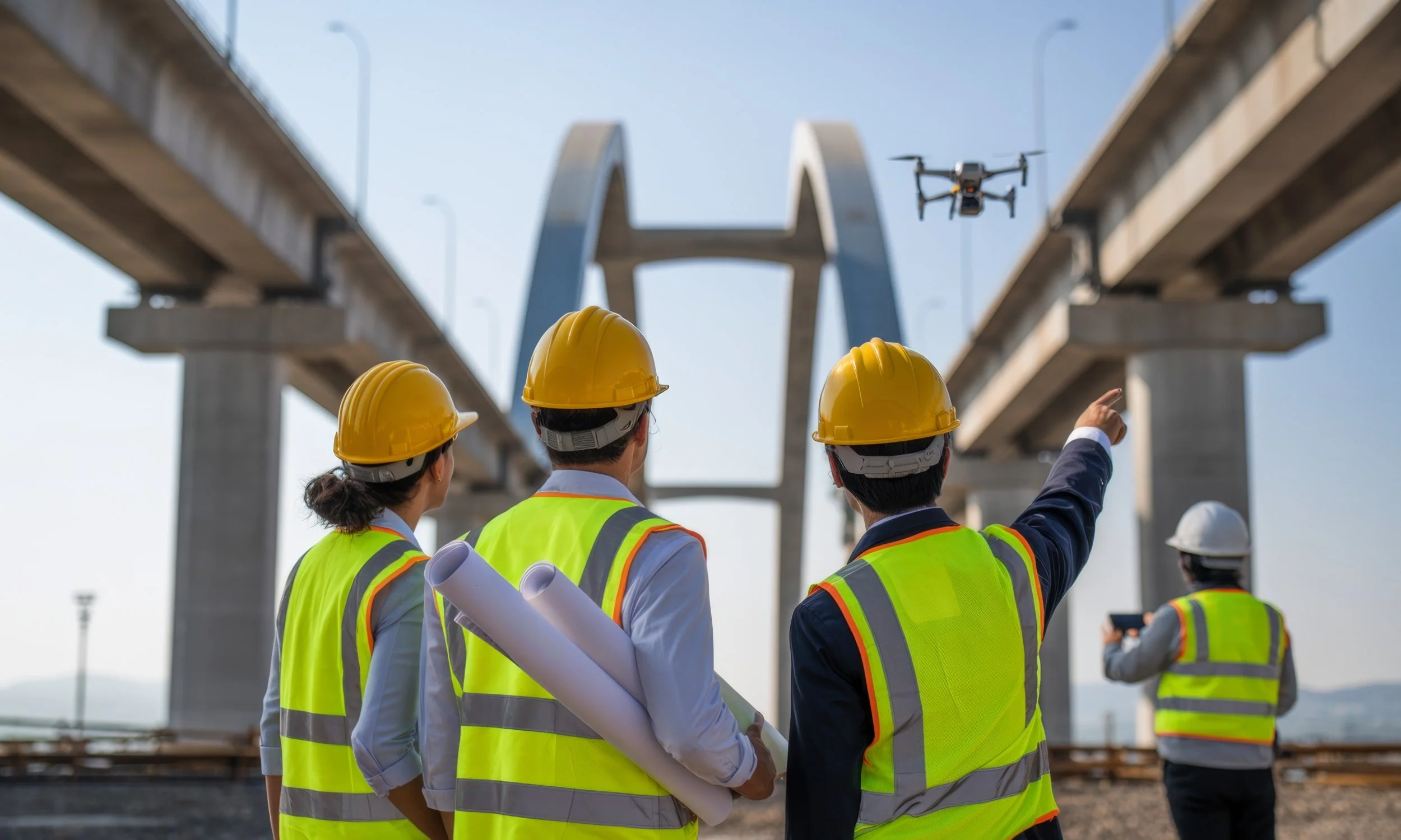 Two workers in safety vests and hard hats review plans near a bridge while a drone flies overhead.