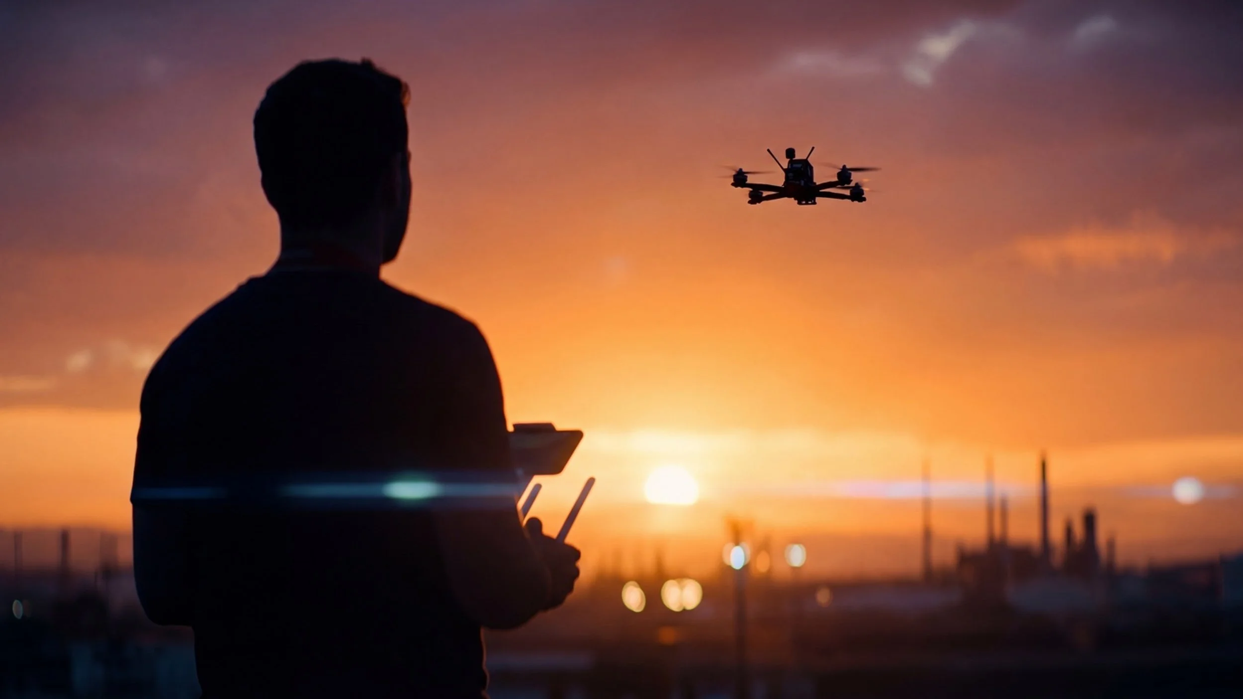 Drone pilot operating a UAV over industrial infrastructure at sunset, highlighting commercial drone operations and remote control systems