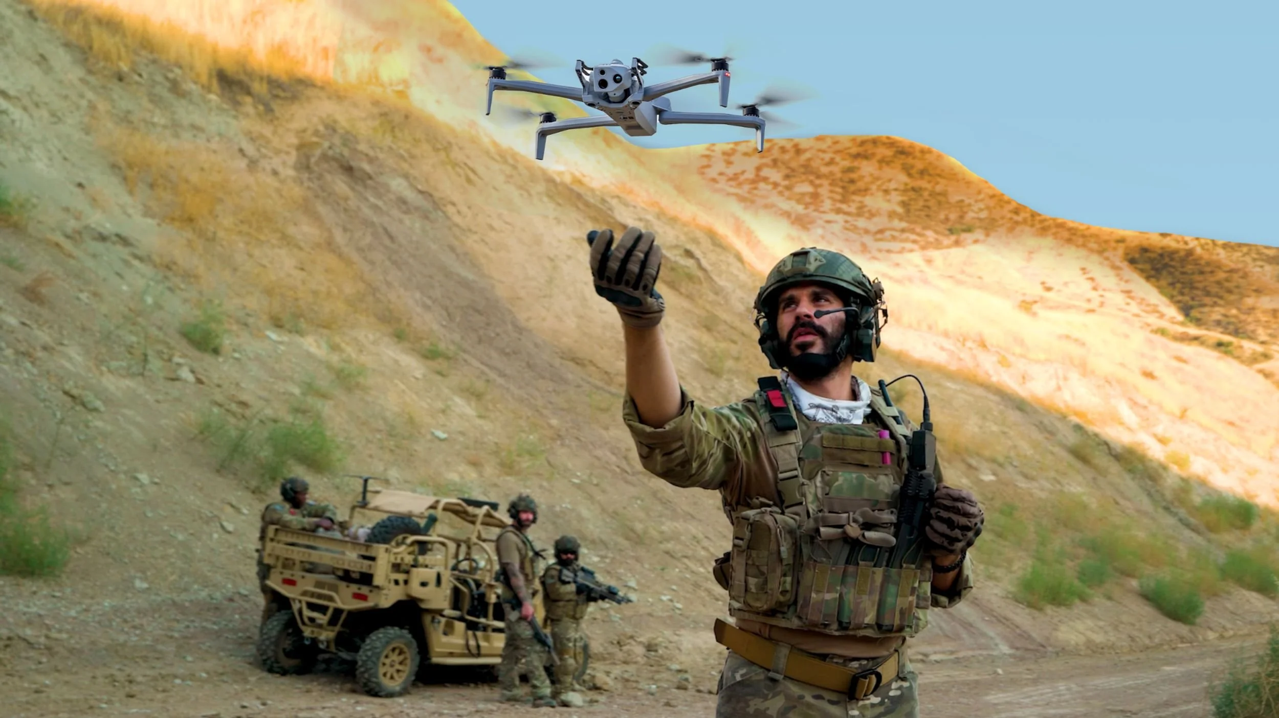 Skydio X10D drone being deployed in the field during an outdoor military operation