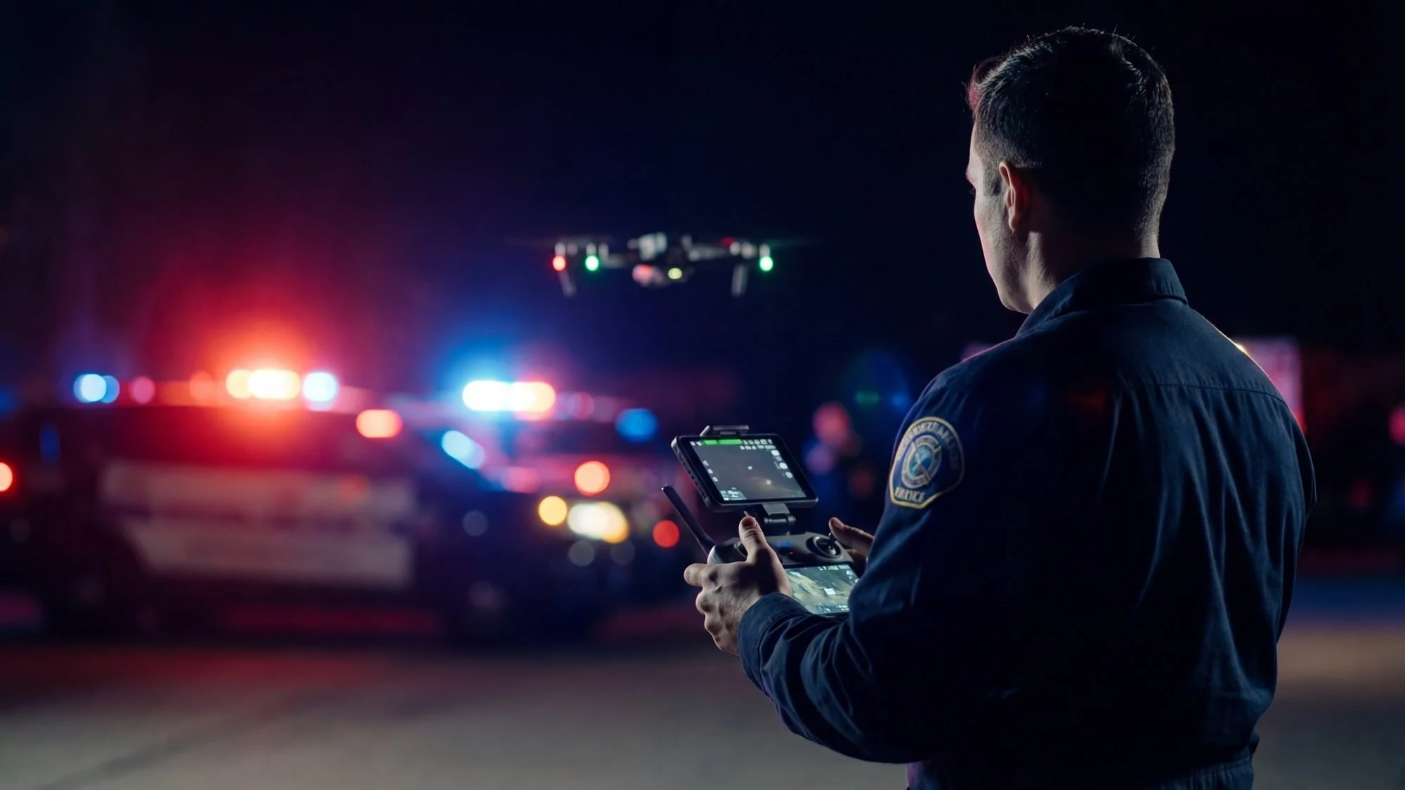 Public safety drone operator flies a UAS at night with emergency lights in the background.