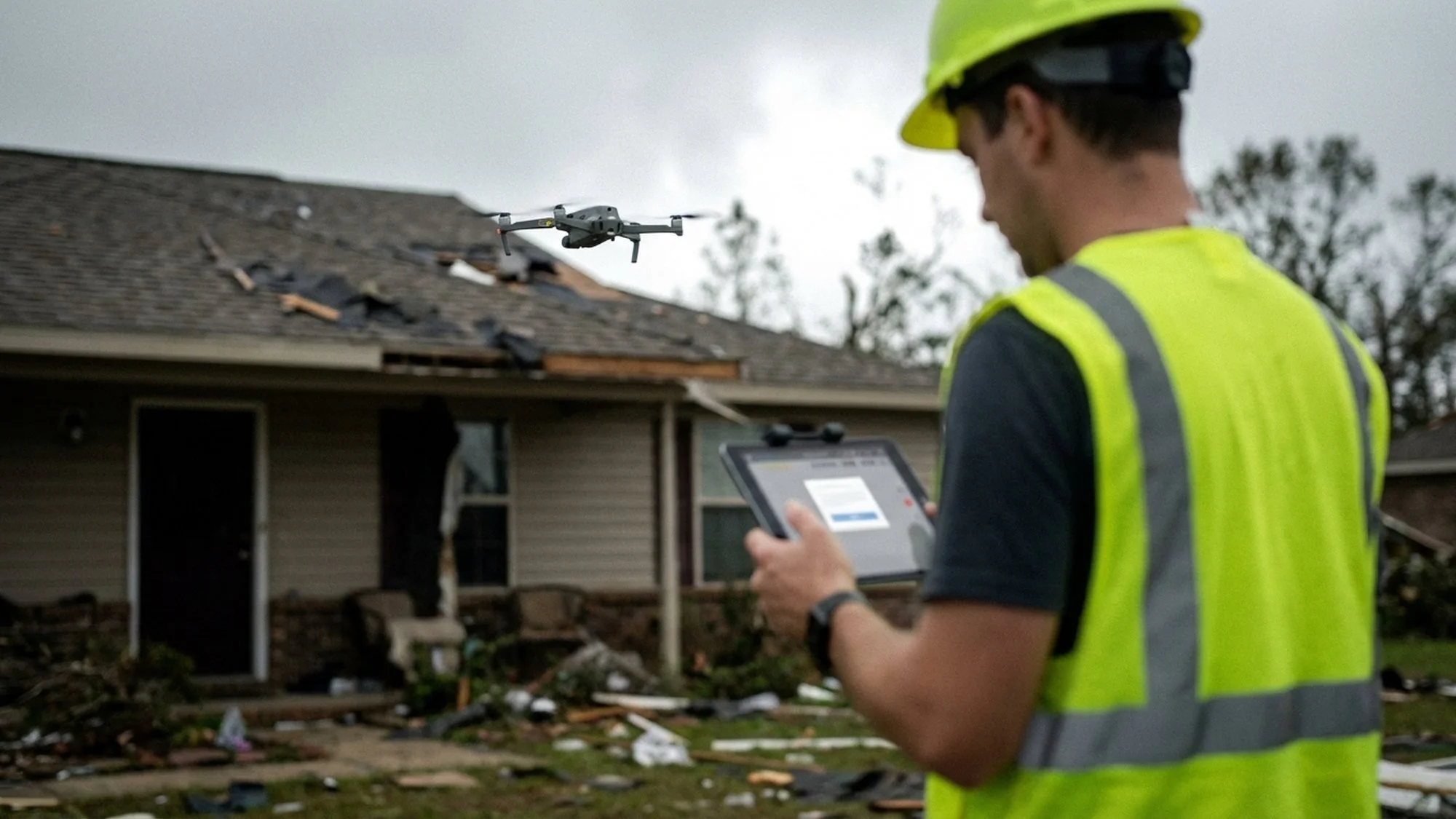 Insurance claims inspector uses a tablet while a drone photographs storm damage on a residential roof.