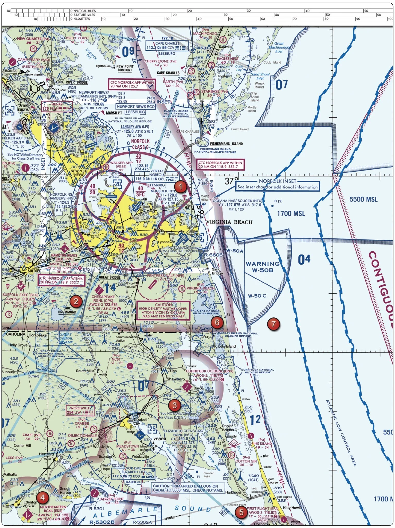 Class D airspace shown on an FAA sectional chart near Norfolk, Virginia.