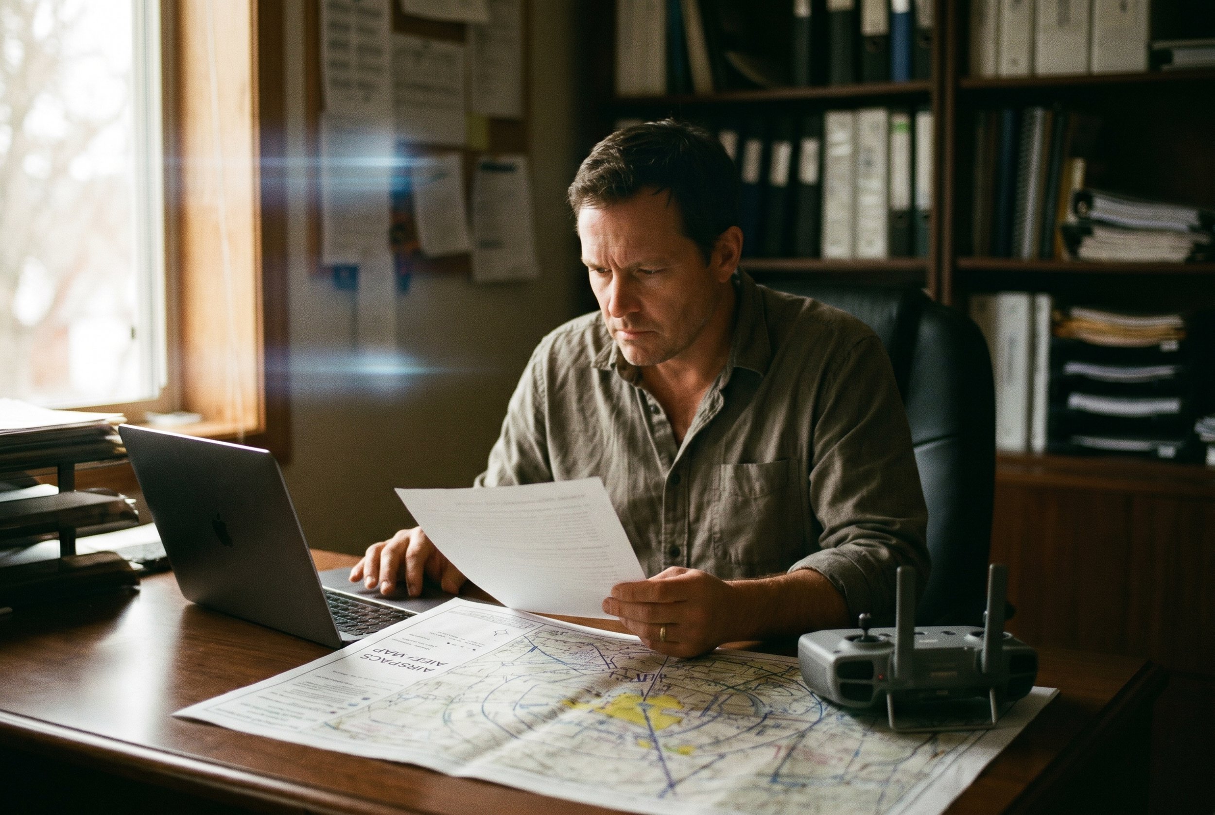 Man seated at an office desk reviews paperwork beside a laptop, drone controller, and aeronautical chart in a softly lit workspace.