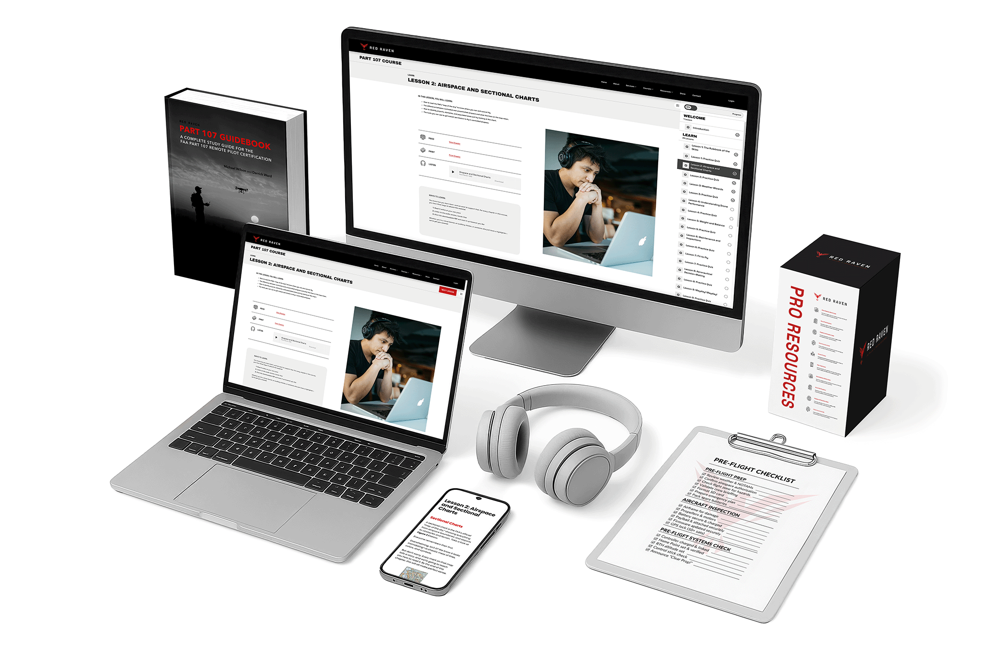 Red Raven Part 107 course and Pilot Toolkit bundle shown with devices, headset, and preflight checklist.