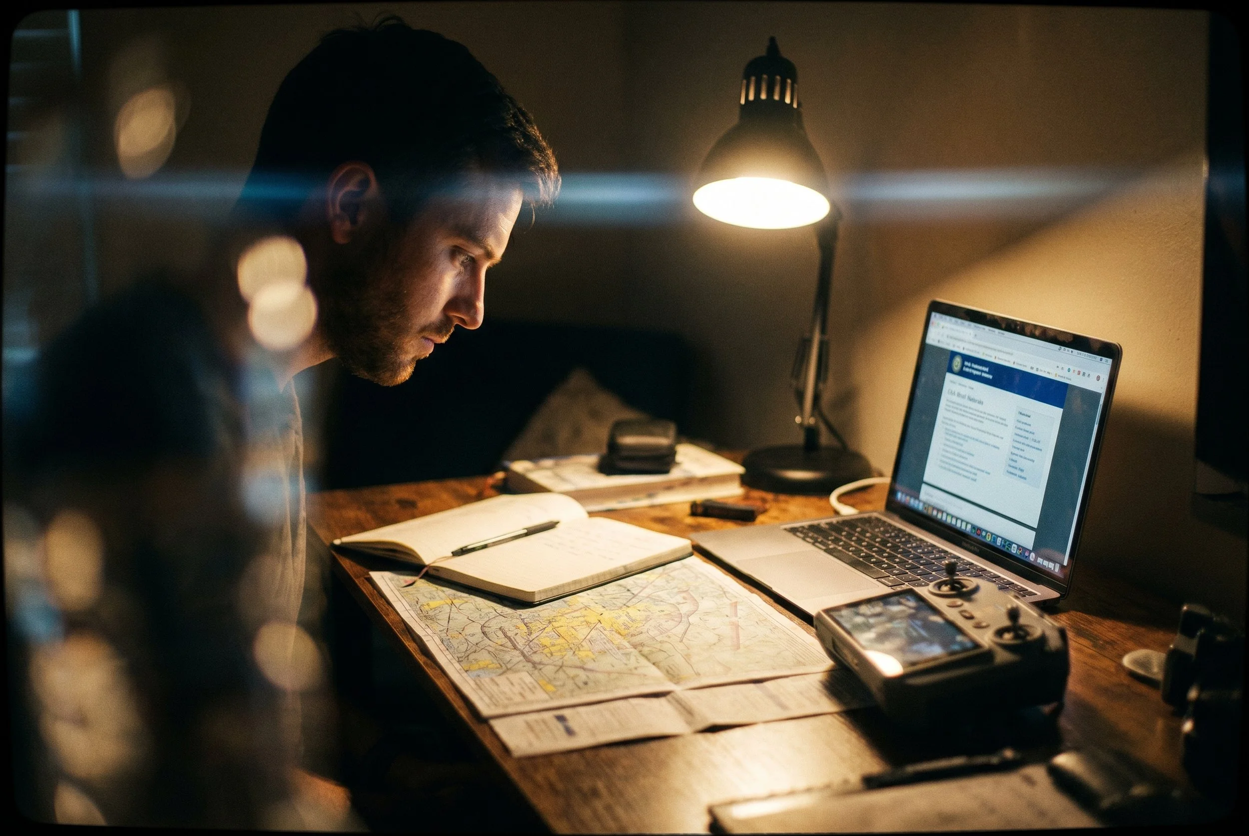 Man studying FAA drone resources on a laptop at night with a drone controller, notebook, and sectional chart on the desk.