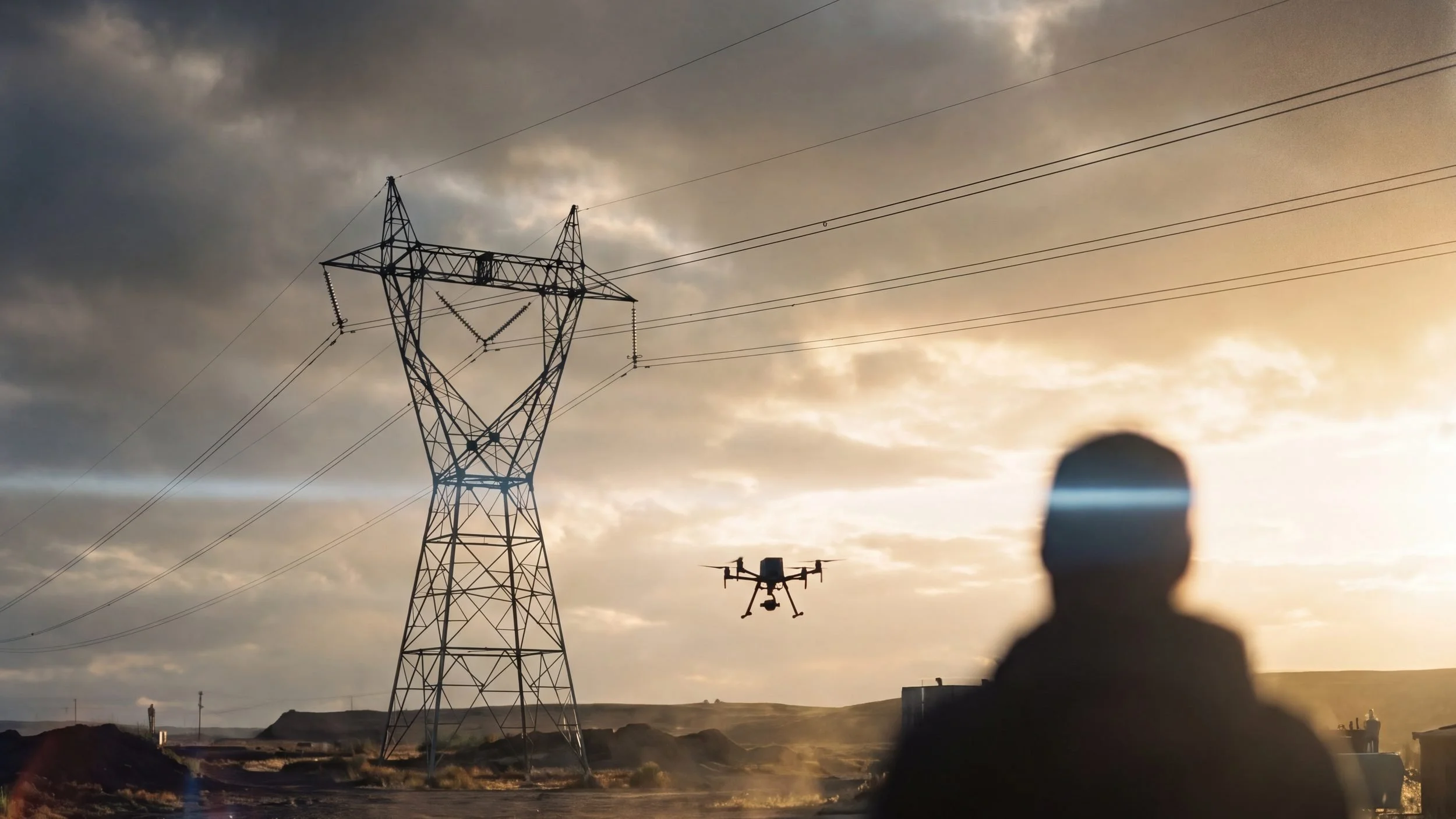 Drone pilot silhouetted against a high-voltage electrical transmission tower at dusk with a professional quadcopter in flight — FAA critical infrastructure airspace restrictions