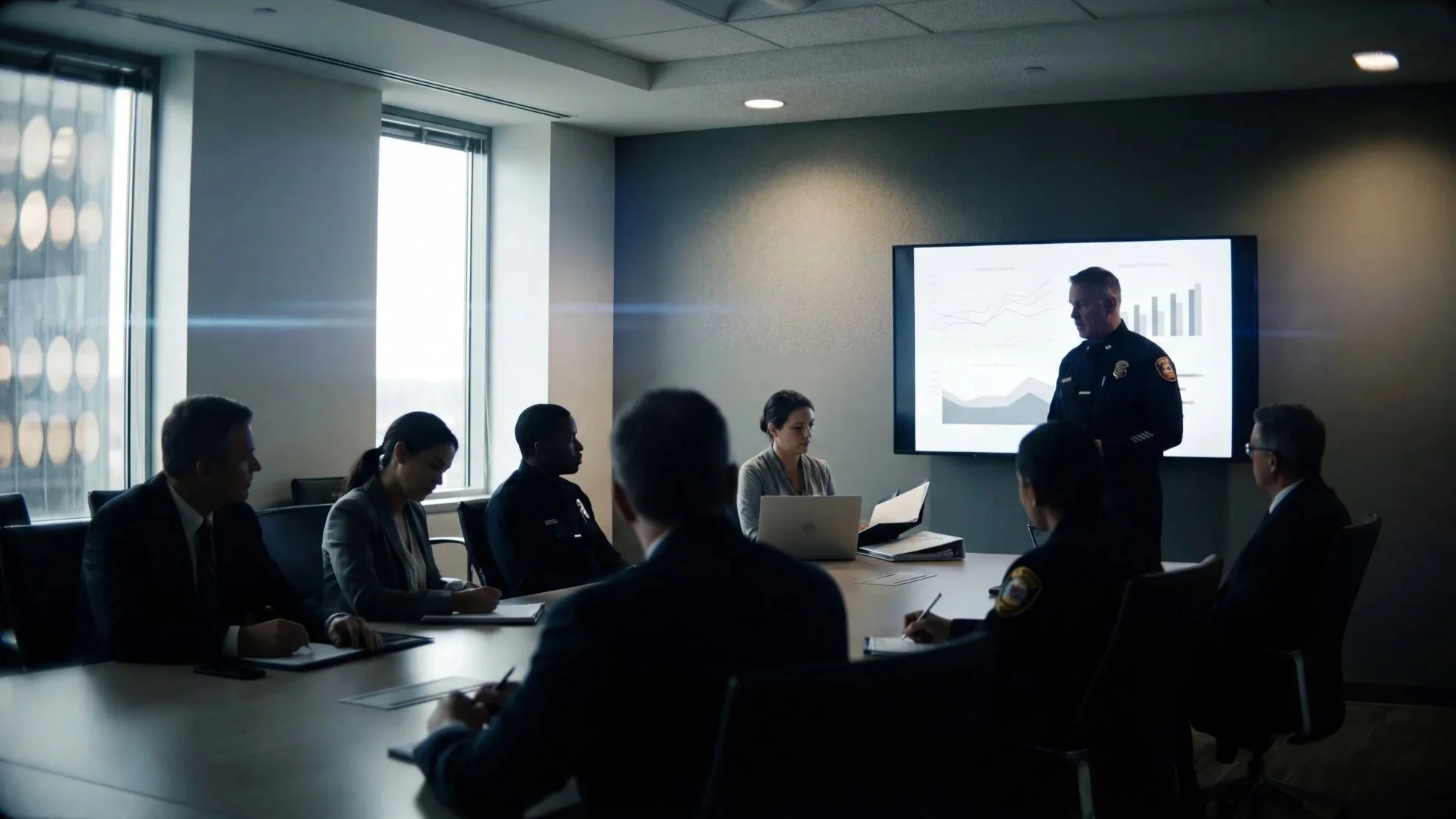 Leadership briefing shows drone program performance metrics and KPI charts in a conference room, representing annual reporting and program accountability.