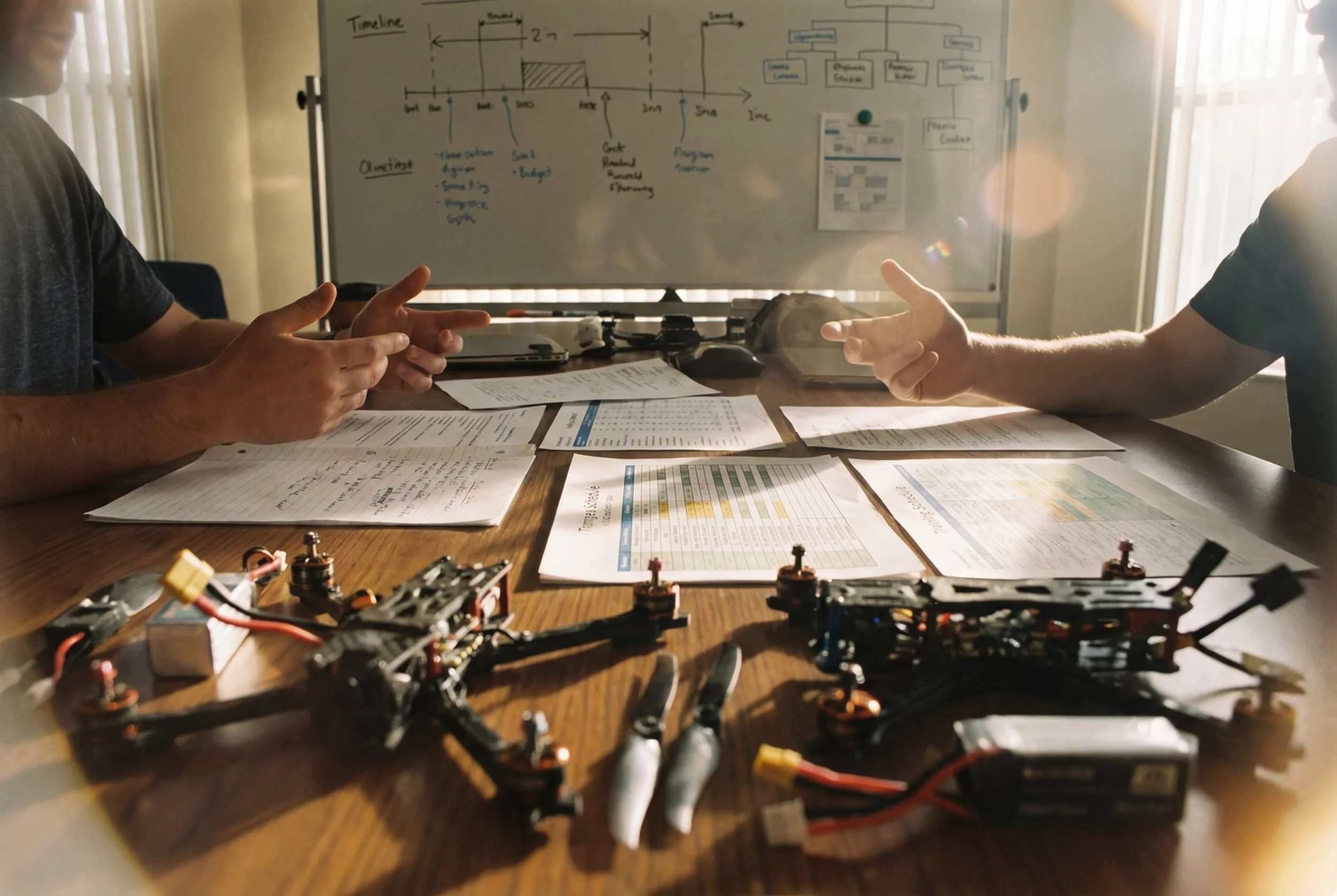 Drone maintenance workbench with an enterprise drone partially disassembled for inspection, tools and spare parts spread across the surface — representing the ongoing operational costs of a drone program