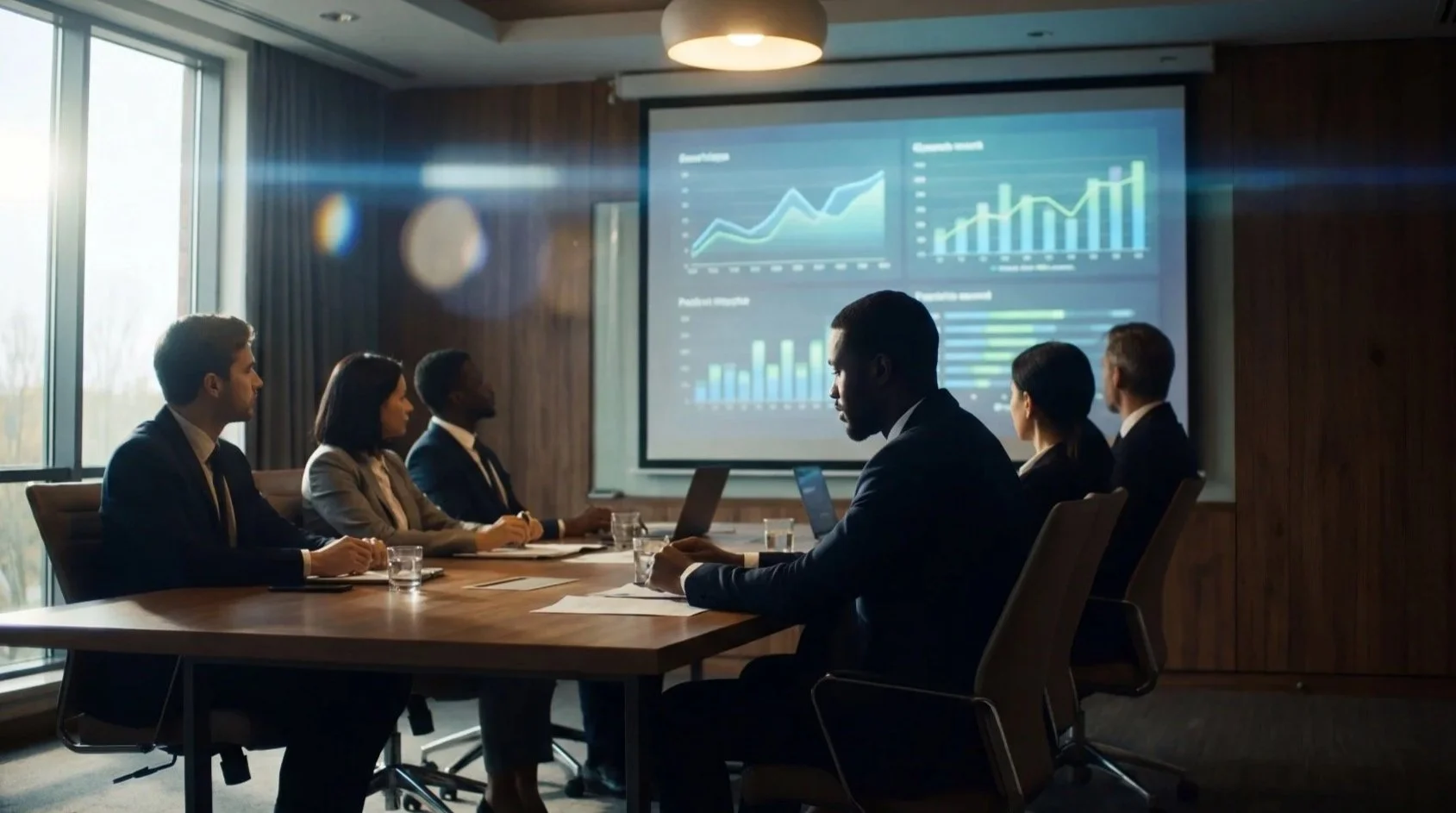 A leadership team meets in a conference room with charts on a screen, discussing ROI and funding for a drone program.