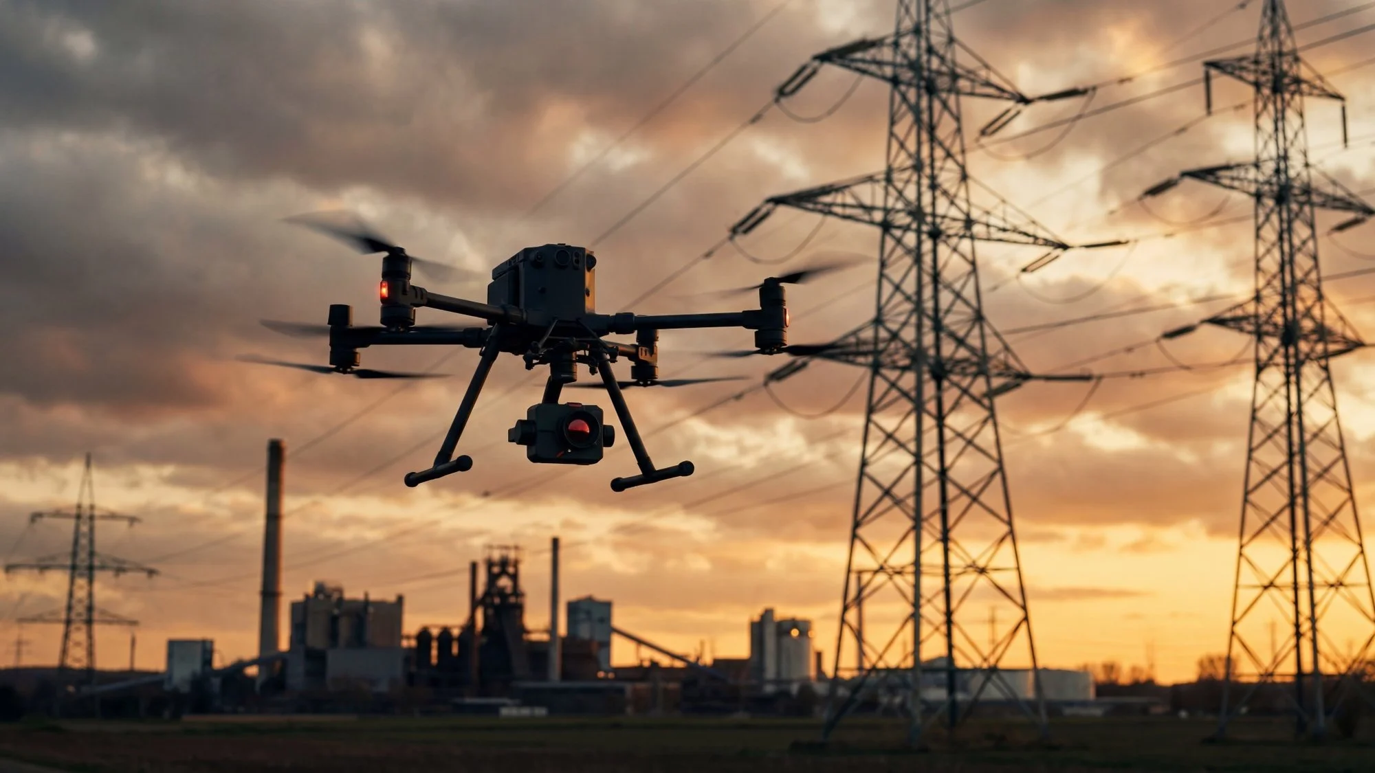 Commercial inspection drone flies near transmission towers for utility infrastructure inspection at dusk.