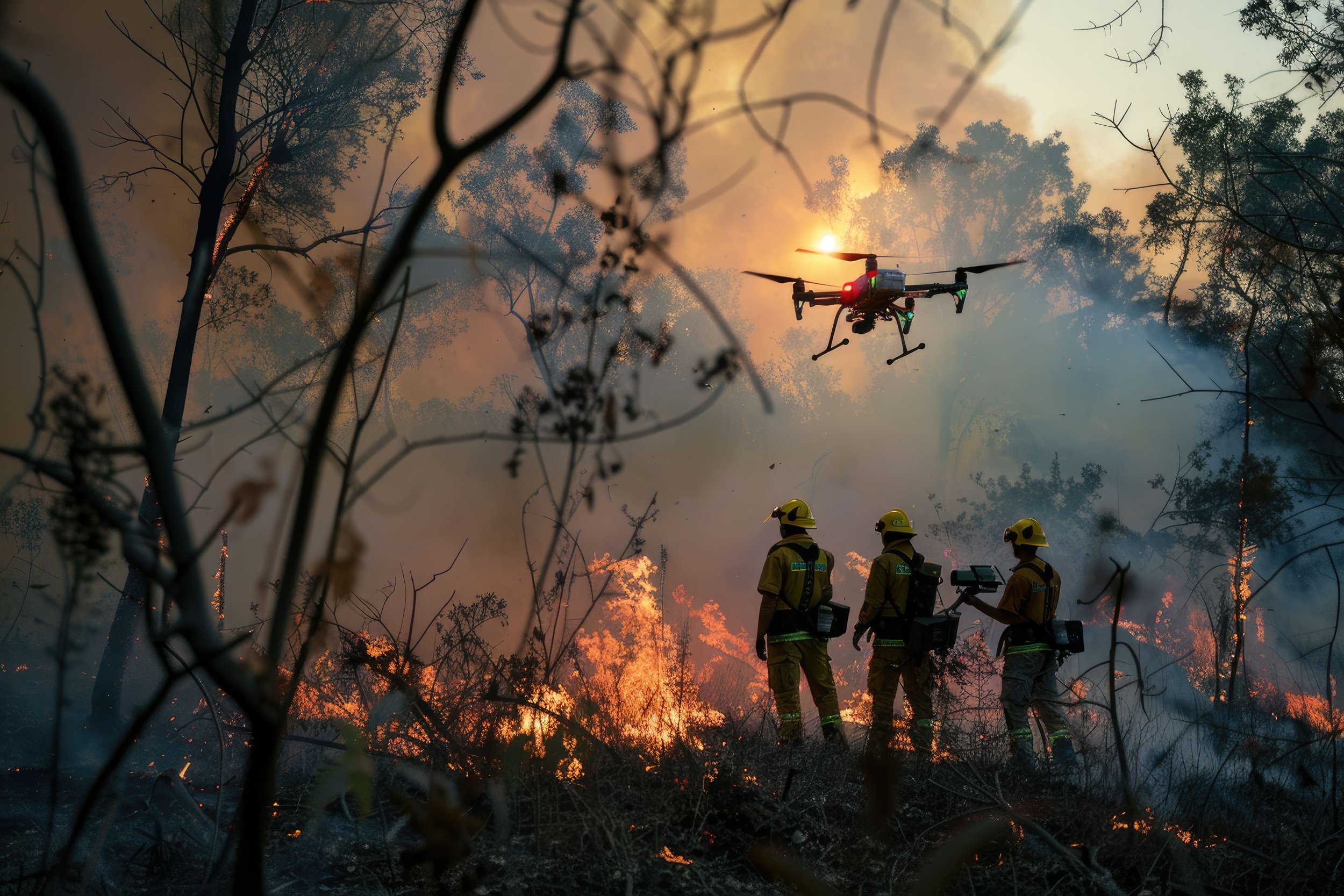 UAS training for public safety with a drone providing overwatch during a wildfire response.
